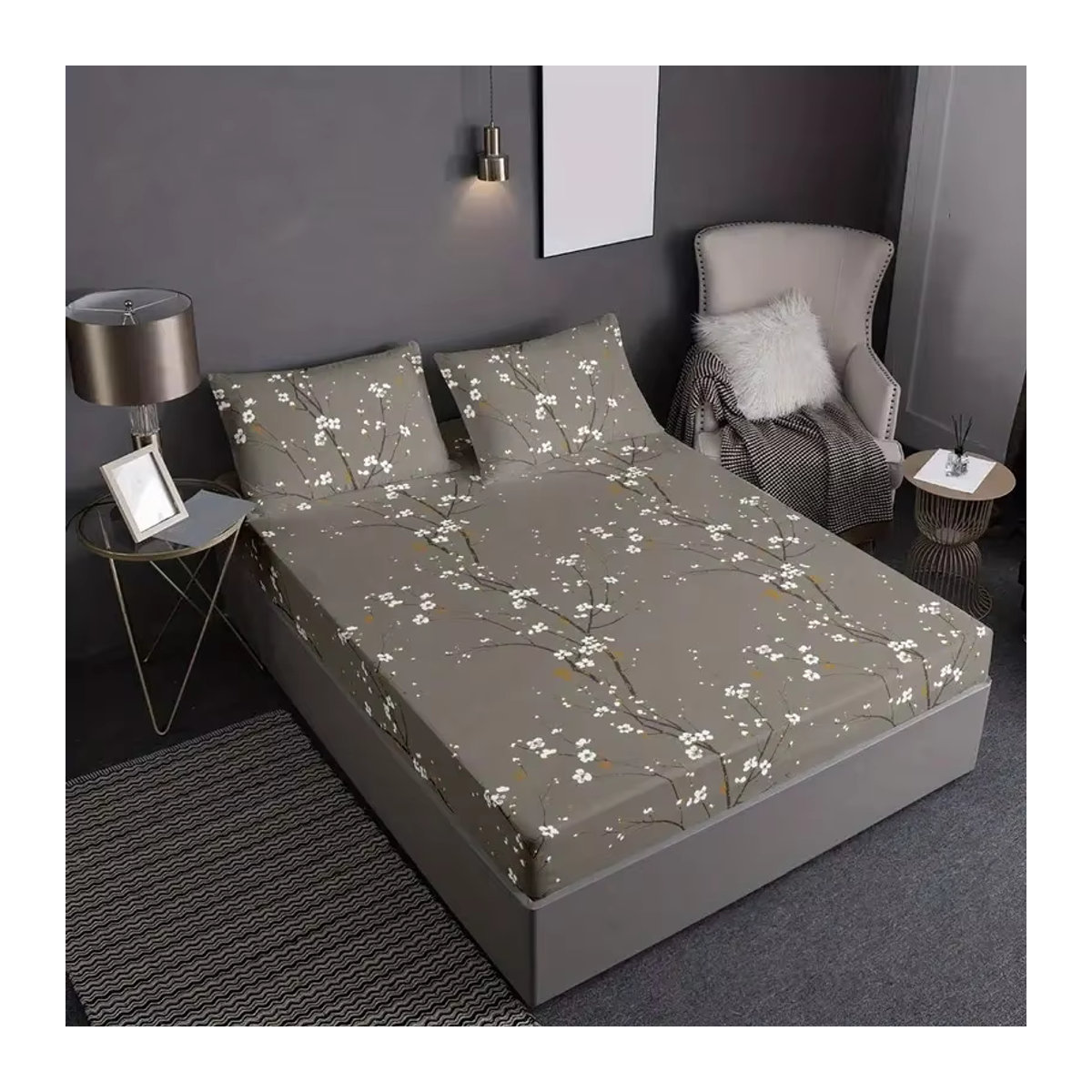 3-teiliges Bettwäsche-Set mit Pflaumenblüten-Design bestehend aus einem Spannbettlaken und zwei Kissenbezügen aus 100% Polyester - Bild 2