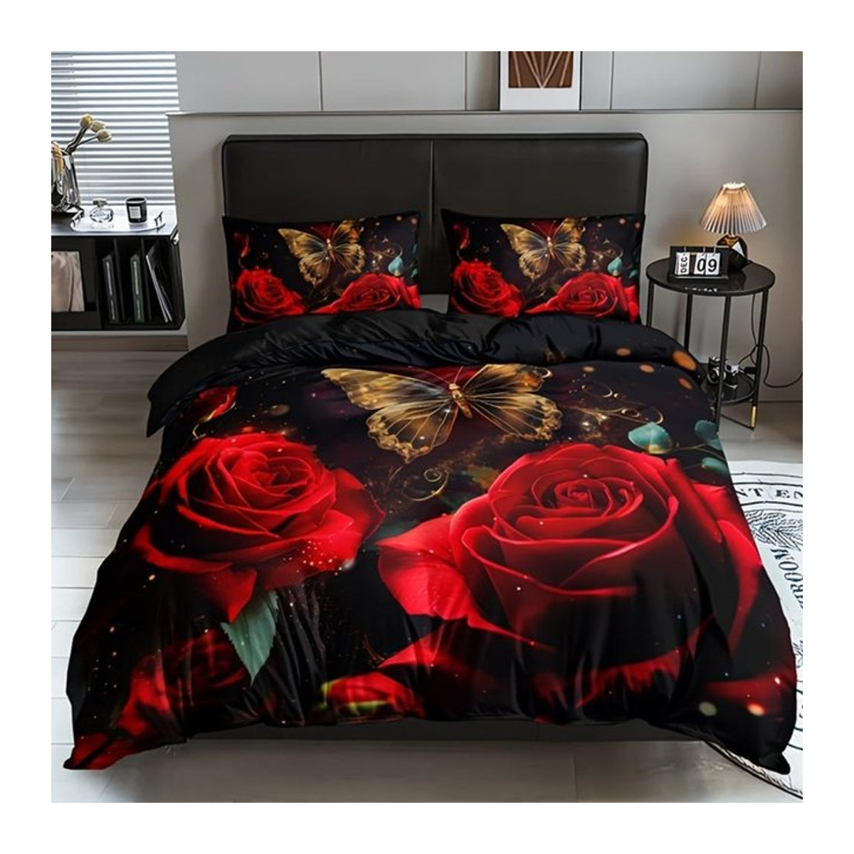 3-teiliges Bettwäsche-Set mit Schmetterlingsdruck in Schwarz, Rot und Rose, B/H: 135 x 200 cm - Bild 1