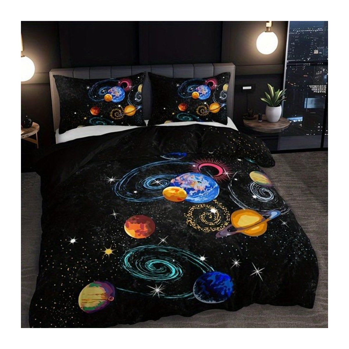 3-teiliges Bettwäsche-Set mit Universum Nebel und Planeten-Druck in Multicolor, Einzelgröße B: 135 cm, L: 200 cm - Bild 1