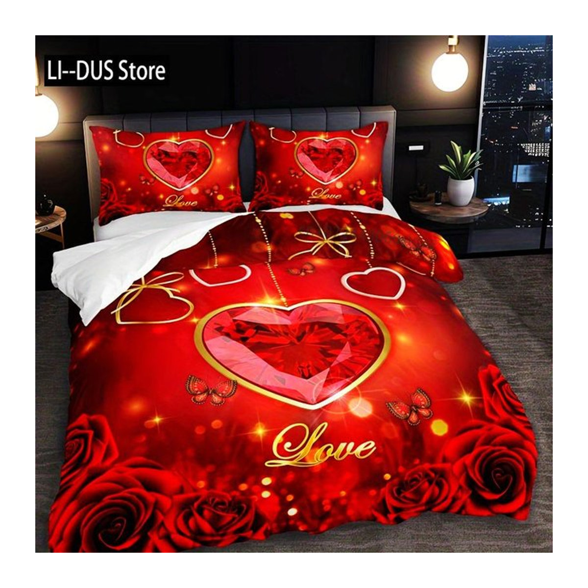 3-teiliges Bettwäsche-Set Monika Chen in Rot mit Herz, Rosen und Schmetterlingen, atmungsaktives Polyester für das Schlafzimmer, B/H: 135 x 200 cm - Bild 1