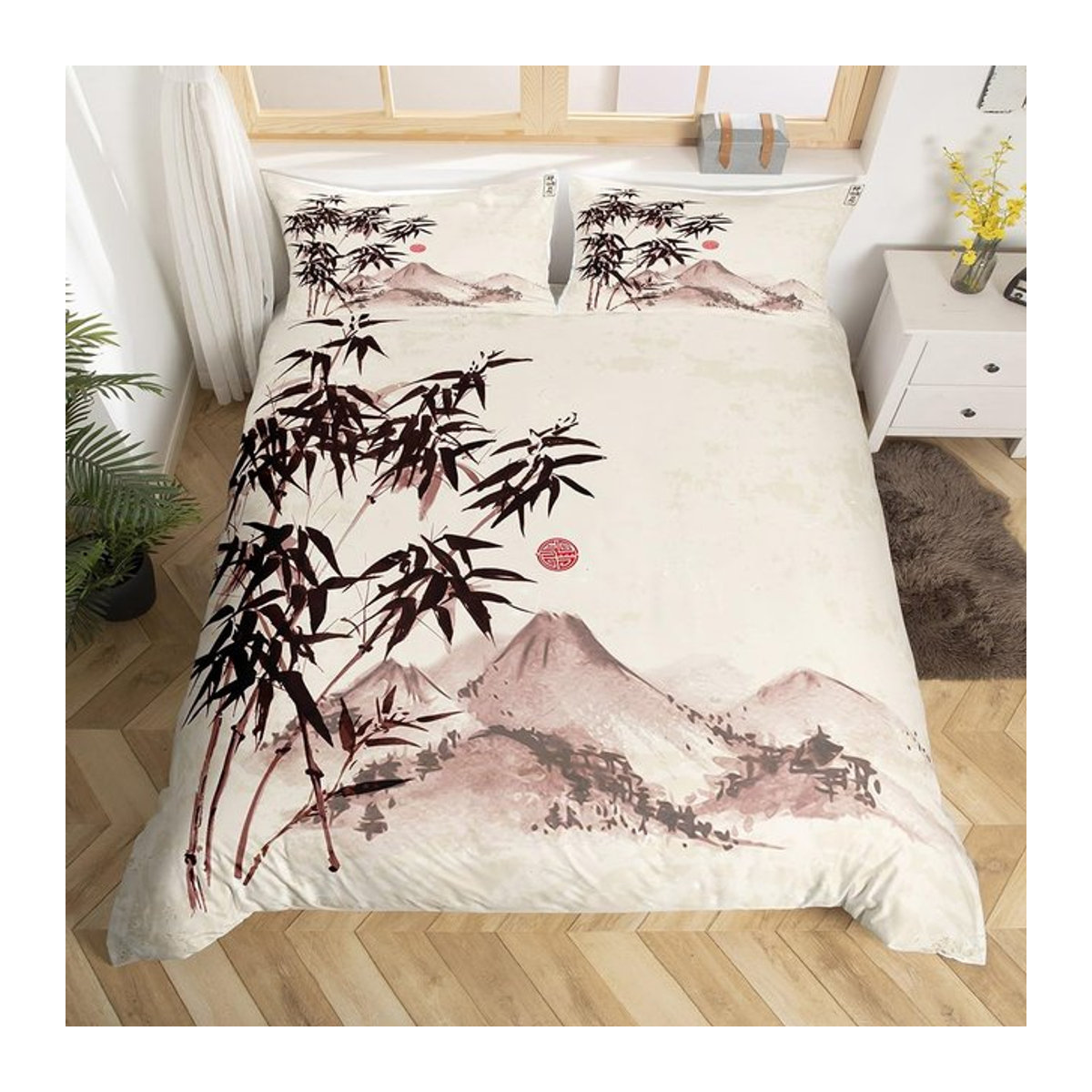 3-teiliges Bettwäsche Set Monika Chen mit Kran-Motiv in Weiß, Daunenbettbezug Queen King Size mit Tuschemalerei Wildvogel und Pflanzen, B/H: 180 x 220 cm - Bild 1