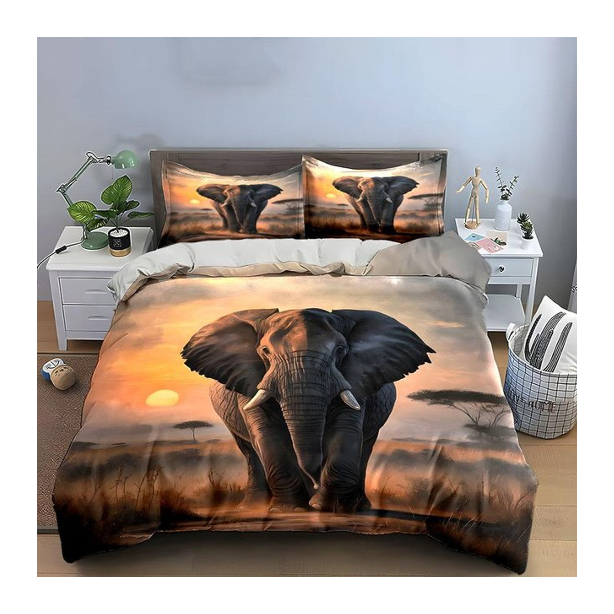 3-teiliges Bettwäscheset Elefant Sonnenuntergang Multicolor mit Reißverschluss, Größe: 135 x 200 cm - Bild 1