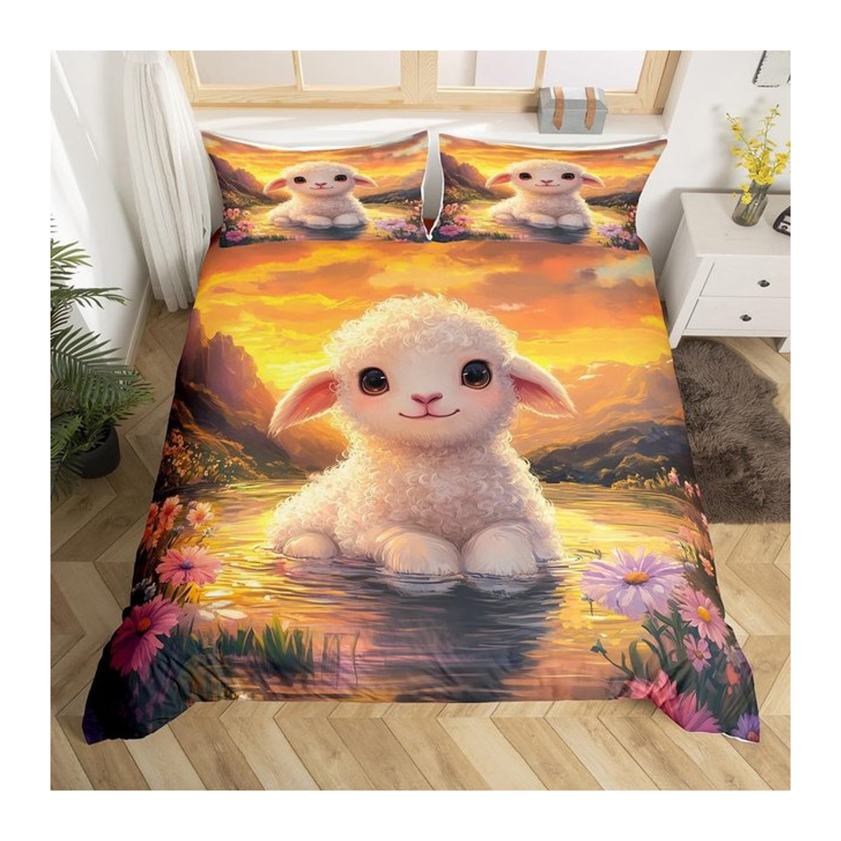 3-teiliges Bettwäscheset mit Bauernhoftieren und Schaf-Motiv für Kinder und Teenager, Bettbezug und Bettwäsche in Cartoon-Design, B/H: 135 x 200 cm - Bild 1