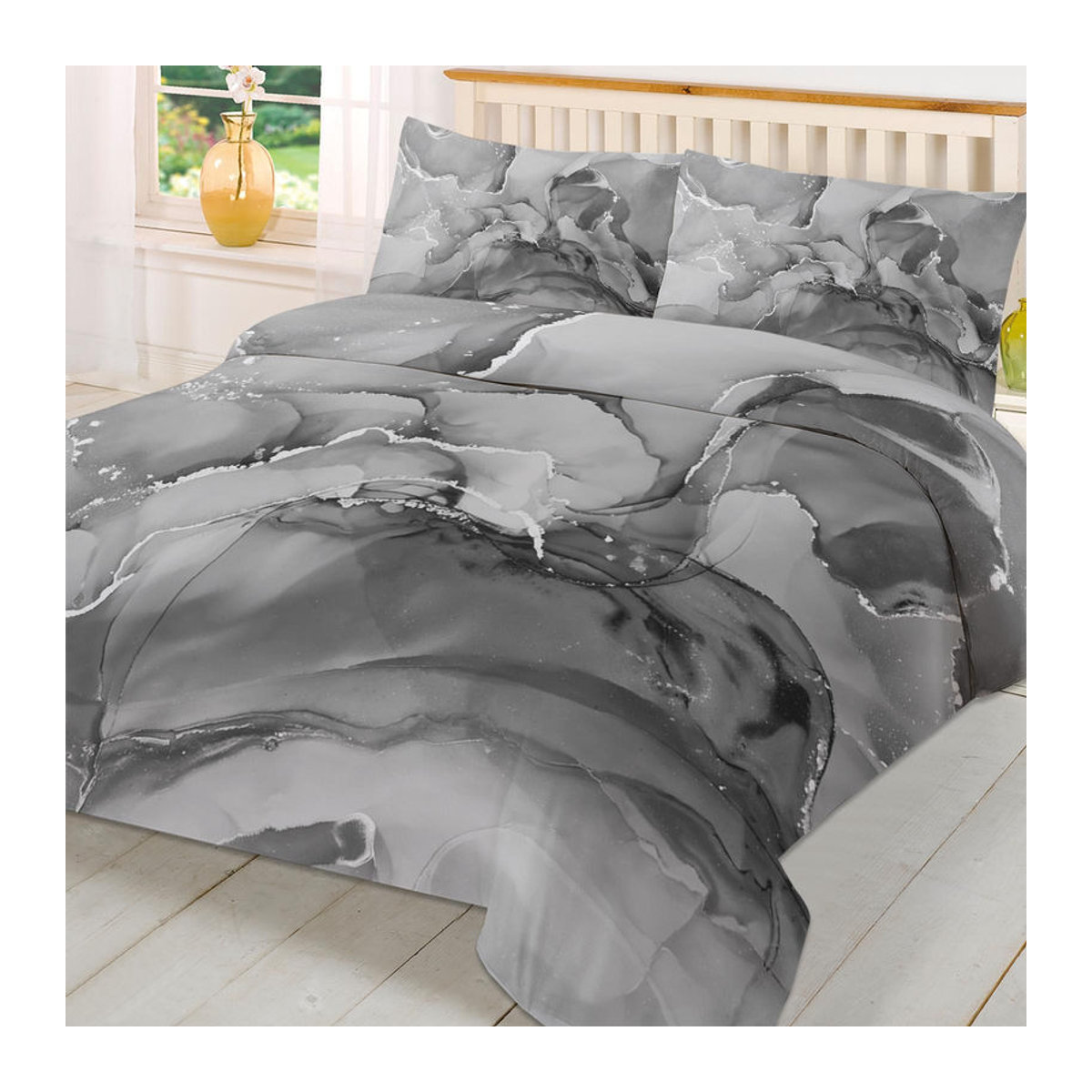 3-teiliges Bettwäscheset mit Marmor Textur Farbverlauf in Schwarz von Binchi Fitness, Bettbezug und Kissenbezüge mit Reißverschluss, B/H: 135 x 200 cm - Bild 3