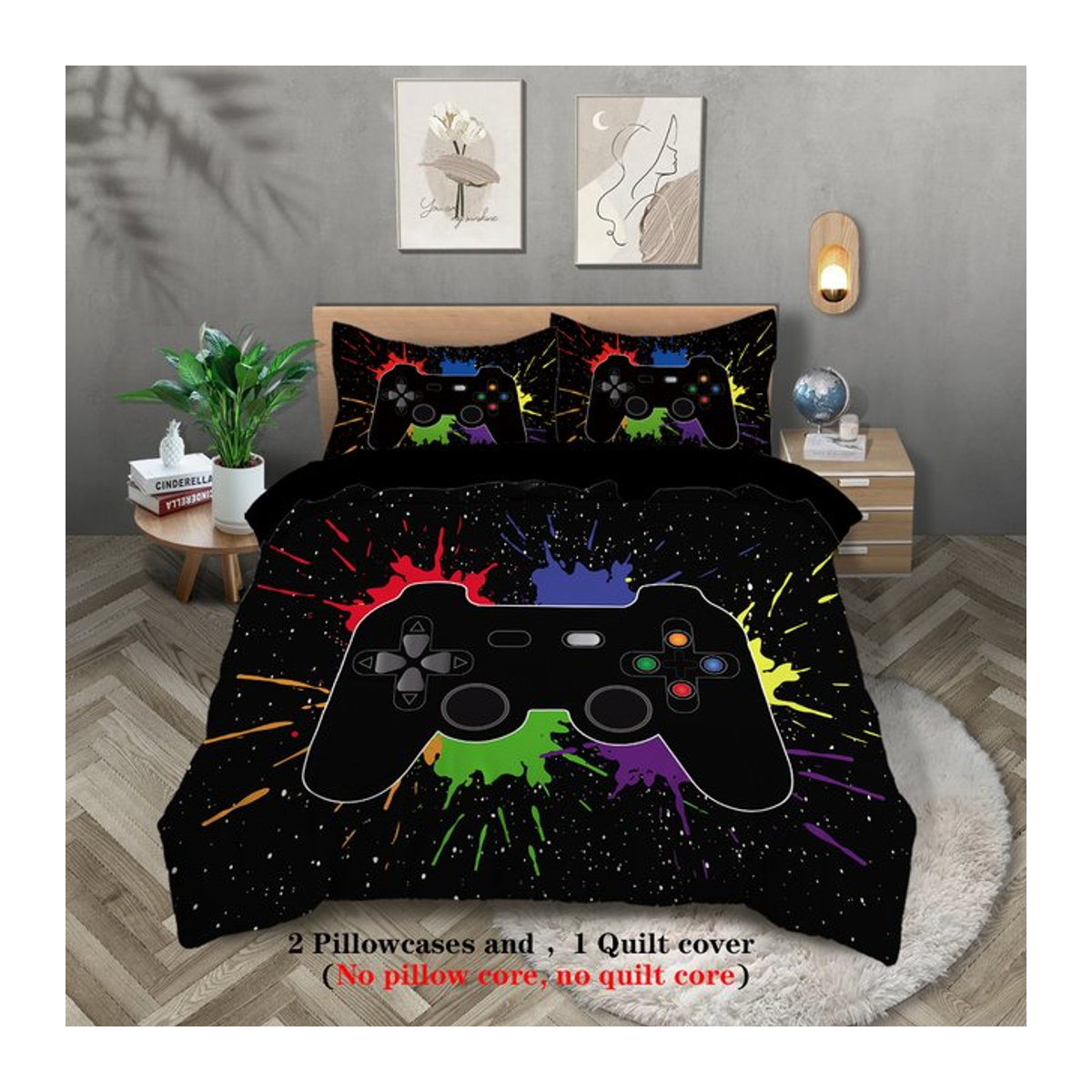 3-teiliges Daunen-Bettbezug-Set mit Digitaldruck-Muster in Multicolor, bestehend aus 1 Bettbezug und 2 Kissenbezügen - Bild 1