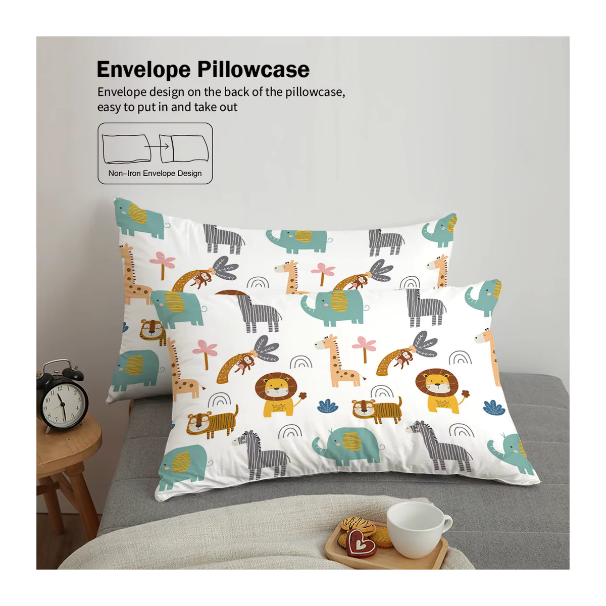 3-teiliges Daunen-Bettwäsche-Set mit Cartoon-Löwen-Tiermuster in Multicolor inklusive 1 Bettbezug und 2 Kissenbezügen mit Reißverschluss - Bild 2