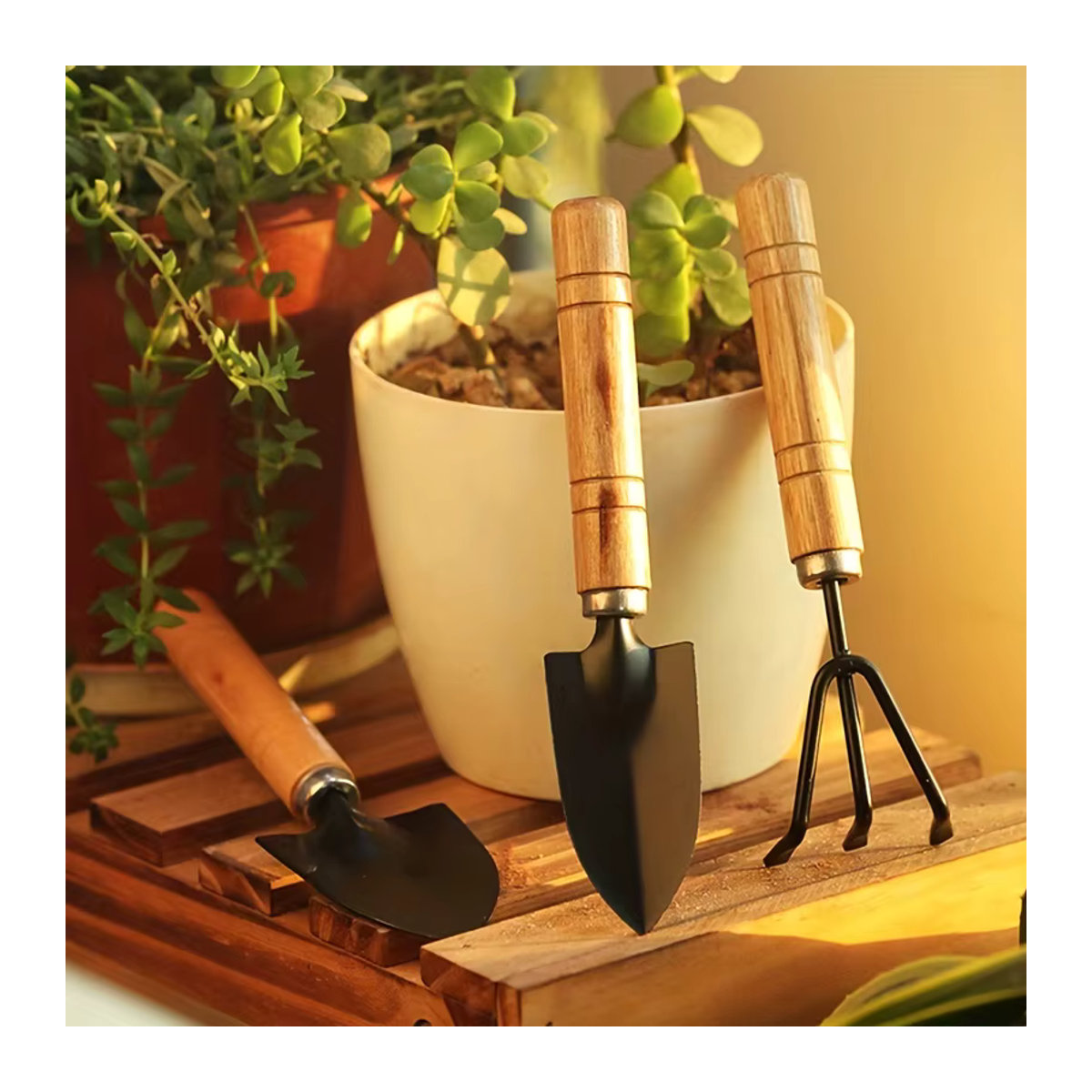 3-teiliges Gartenwerkzeug-Set aus Aluminiumlegierung mit Rechen, Schaufel und Mini-Blumenschaufel für Sukkulenten und Gartenarbeit - Bild 4