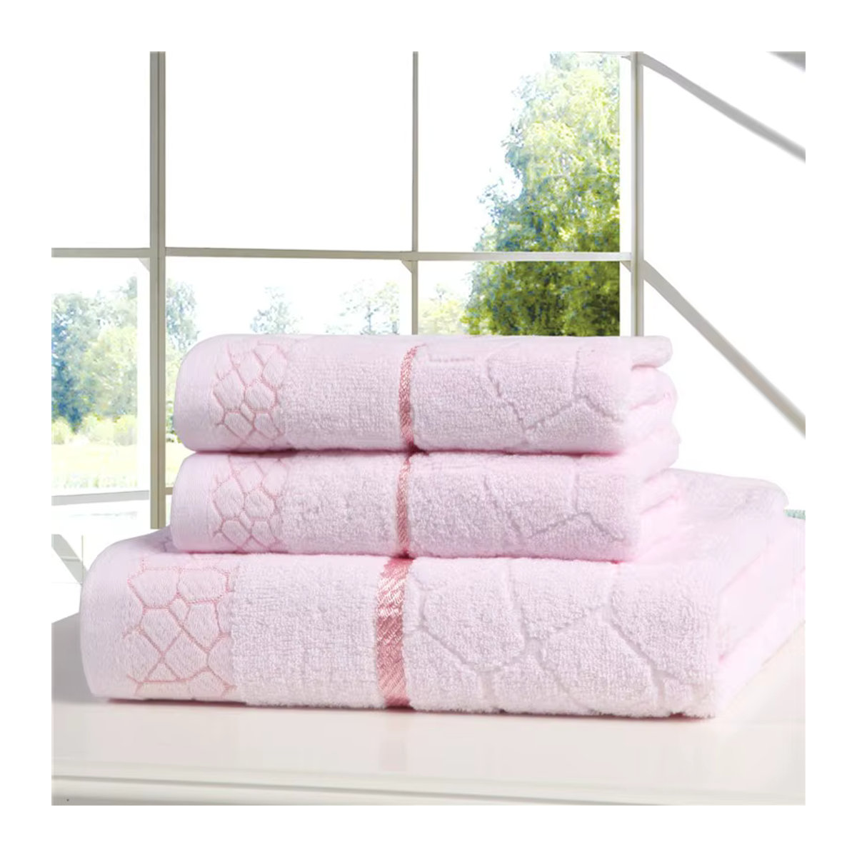 3-teiliges Handtuch-Set von EGW aus 100 % Baumwolle mit geometrischem Strandmuster in Rosa, bestehend aus 2 Gesichtshandtüchern (Breite: 34 cm, Länge: 72 cm) und 1 Duschtuch (Breite: 70 cm, Länge: 140 cm) - Bild 1