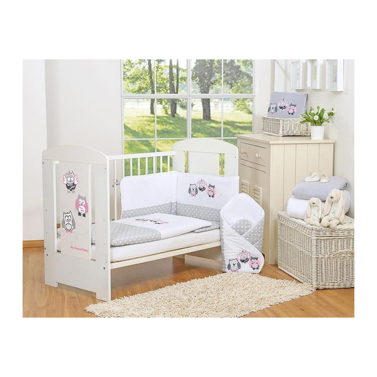 3-teiliges Kinderbettwäsche-Set mit Nestchen, graue Eulen mit grauer und rosa Stickerei, B/H: 135 x 100 cm - Bild 1