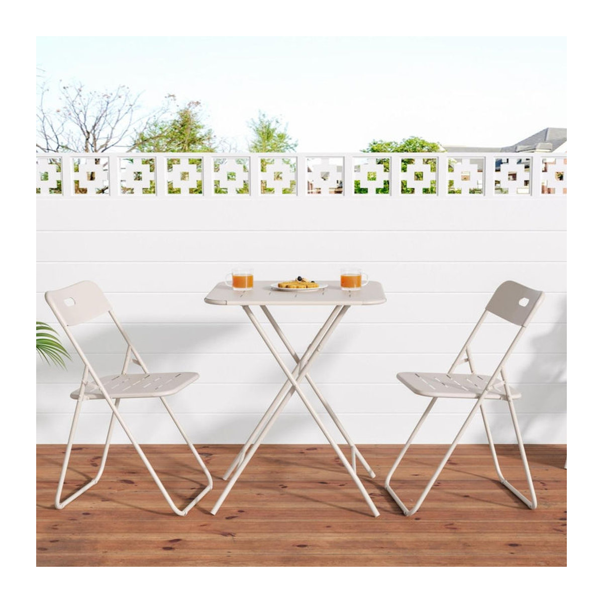 3-teiliges klappbares Bistro-Set aus Stahl in Beige mit 2 Stühlen und 1 Tisch im minimalistischen Design - Bild 2