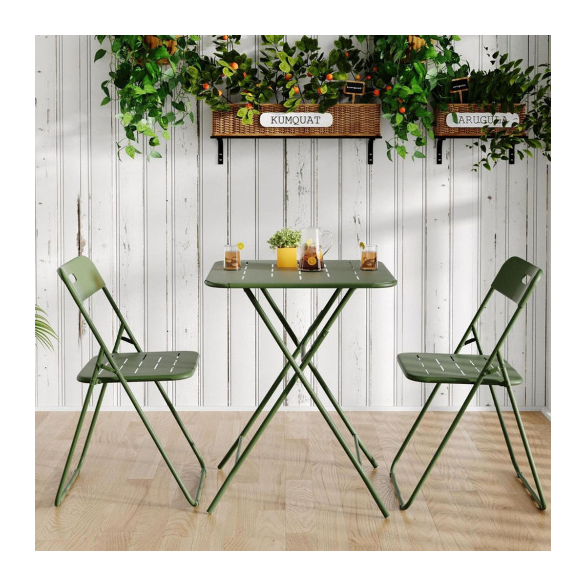 3-teiliges klappbares Bistro-Set aus Stahl in Grün mit 2 Stühlen und 1 Tisch im modernen minimalistischen Design - Bild 2