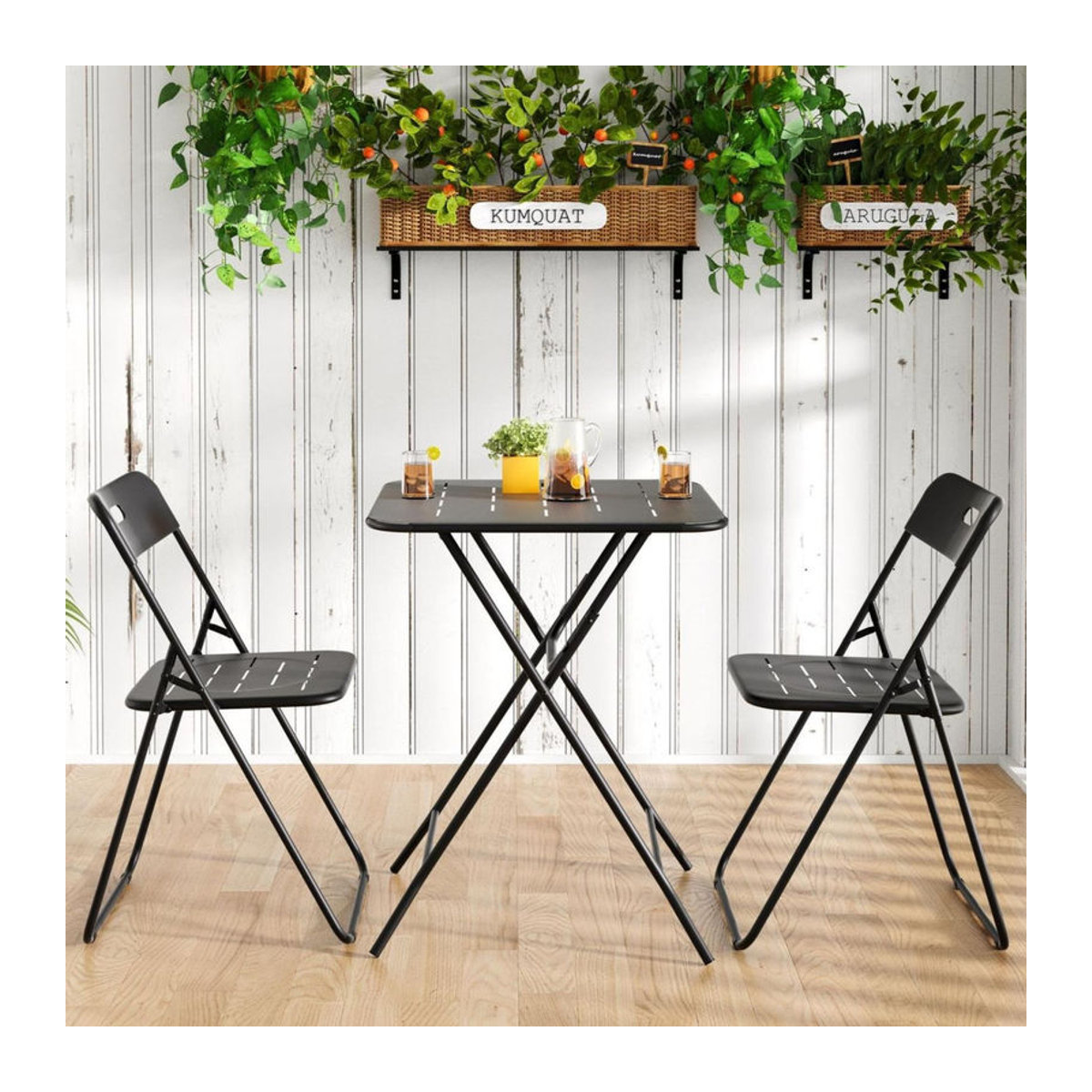 3-teiliges klappbares Bistro-Set aus Stahl in Schwarz mit 2 Stühlen und 1 Tisch im modernen minimalistischen Design - Bild 2