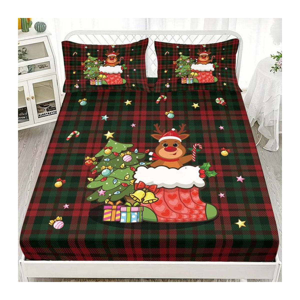 3-teiliges Merry Christmas Spannbettlaken-Set mit Weihnachtsmotiv, weiche Bettwäsche für dein Schlafzimmer, B/T/H: 90 x 191 cm - Bild 1