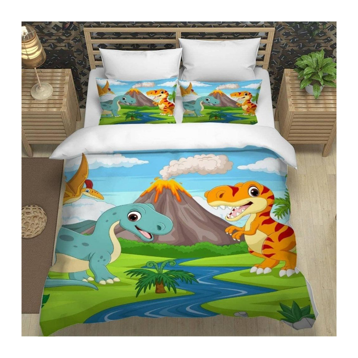 3-teiliges Mikrofaser Bettwäsche-Set mit Cartoon Dinosaurier und Reißverschluss für Kinder und Teenager, B/H: 90 x 200 cm - Bild 1