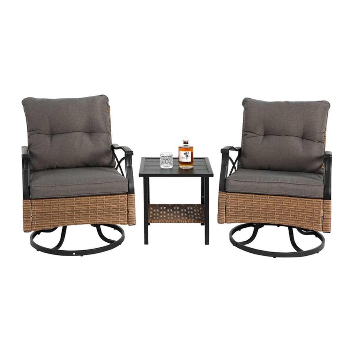 3-teiliges Outdoor-Gartenmöbel-Set mit Tisch und 2 Schaukelstühlen aus Polyrattan in Braun und Grau - Bild 1