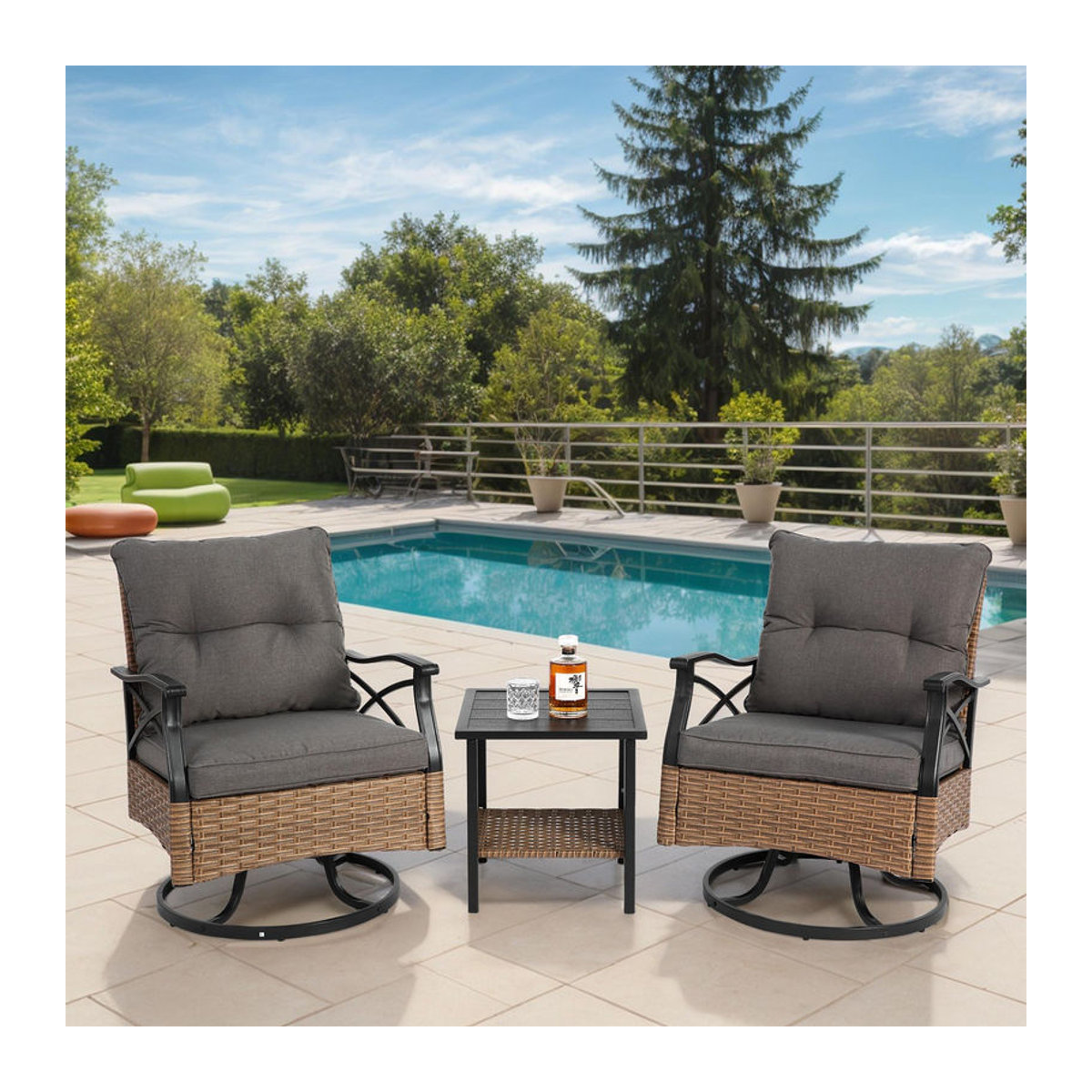 3-teiliges Outdoor-Gartenmöbel-Set mit Tisch und 2 Schaukelstühlen aus Polyrattan in Braun und Grau - Bild 2