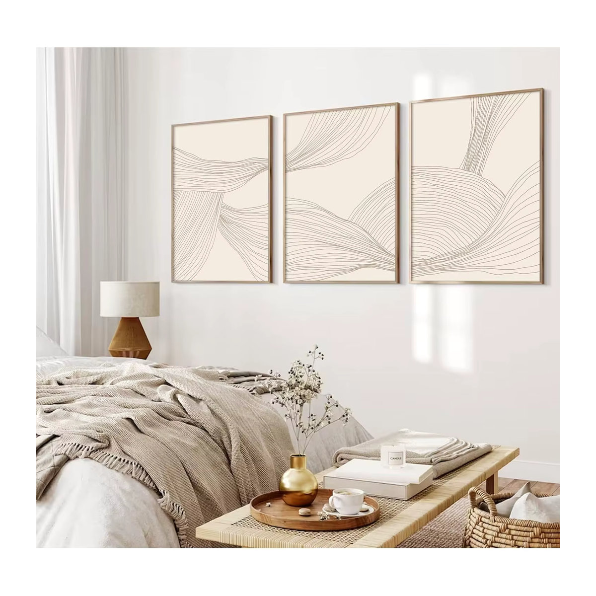 3-teiliges Set abstrakte Wandkunst CPWAD in Beige, geometrische Leinwand im Bohemian-Stil, rahmenlose Textil-Poster im Hochformat - Bild 3