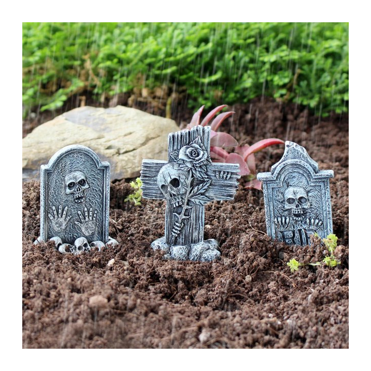 3-teiliges Set Grabstein aus Harz in Dunkelgrau als Halloween Dekoration für Garten und Bonsai - Bild 1