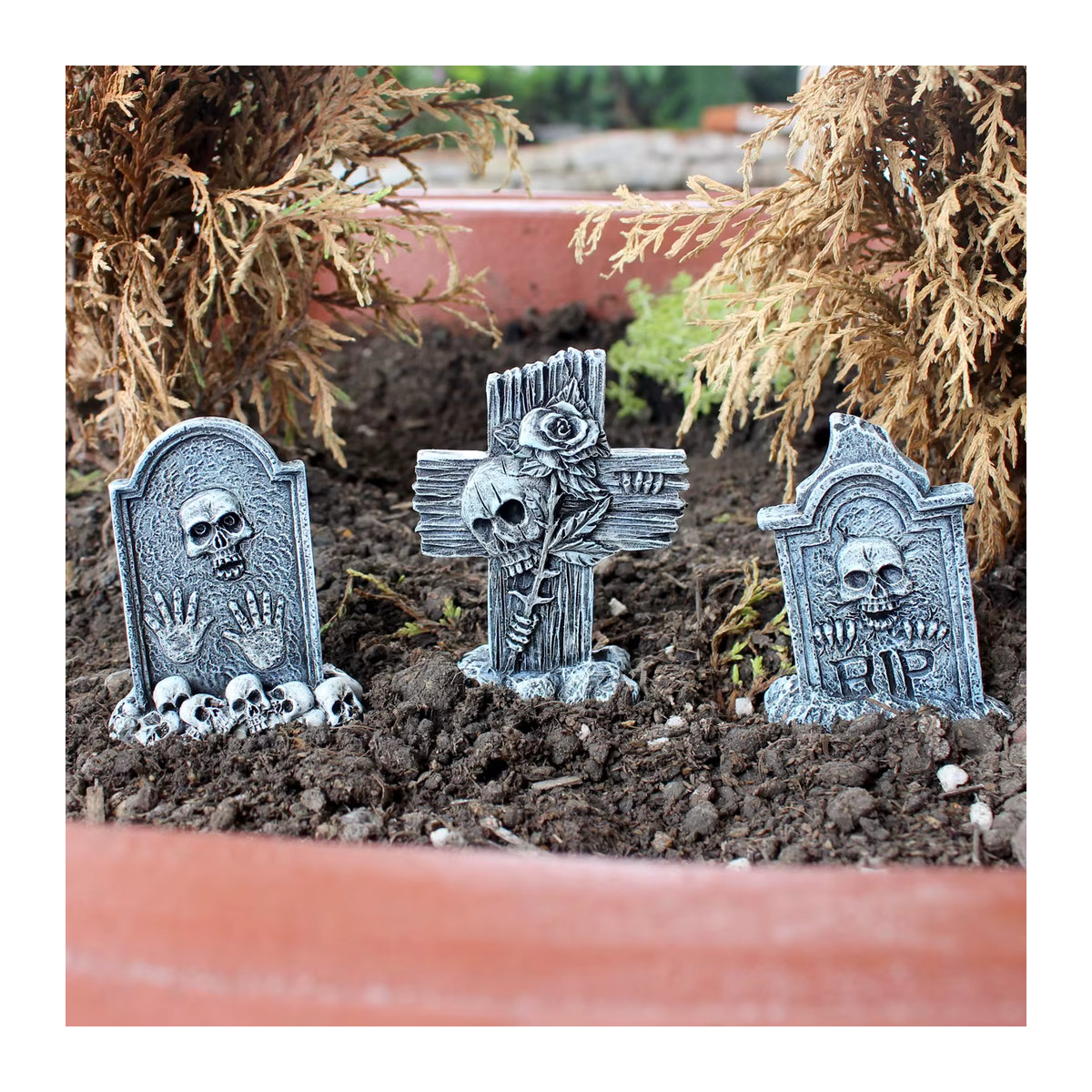 3-teiliges Set Grabstein aus Harz in Dunkelgrau als Halloween Dekoration für Garten und Bonsai - Bild 2