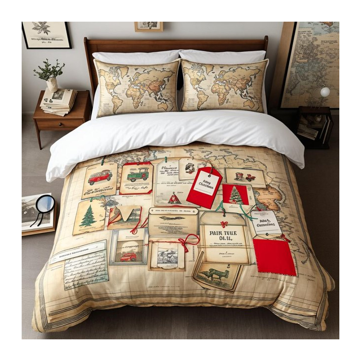 3-teiliges Vintage Reise Bettwäsche-Set mit Abenteuerkarten-Druck aus Polyester, Queen-Size, B/H: 140 x 210 cm - Bild 1