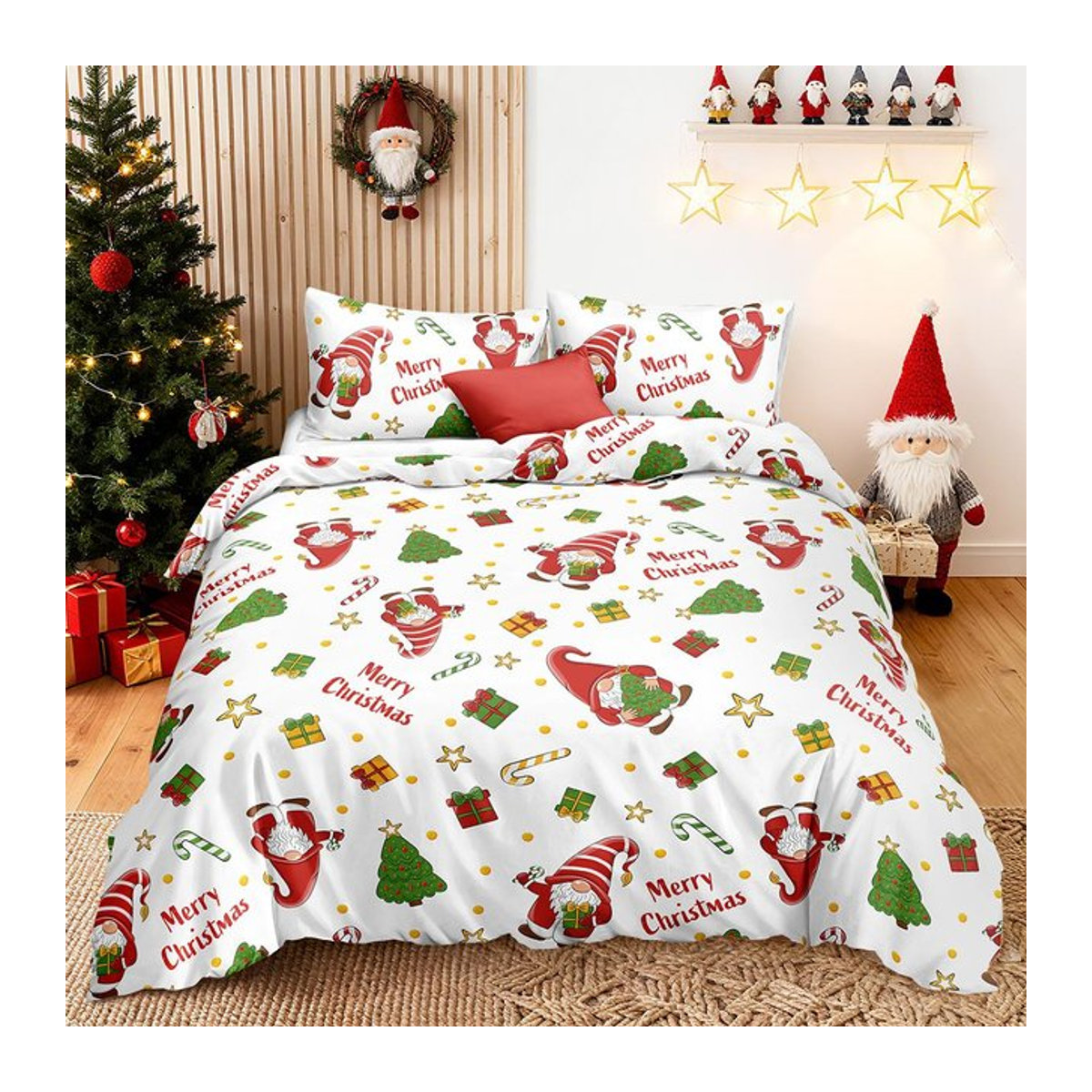 3-teiliges Weihnachts-Bettwäsche-Set mit Rentier und Schneemann, Multicolor, enthält 1 Bettbezug und 2 Kissenbezüge, B/H: 135 x 200 cm - Bild 1