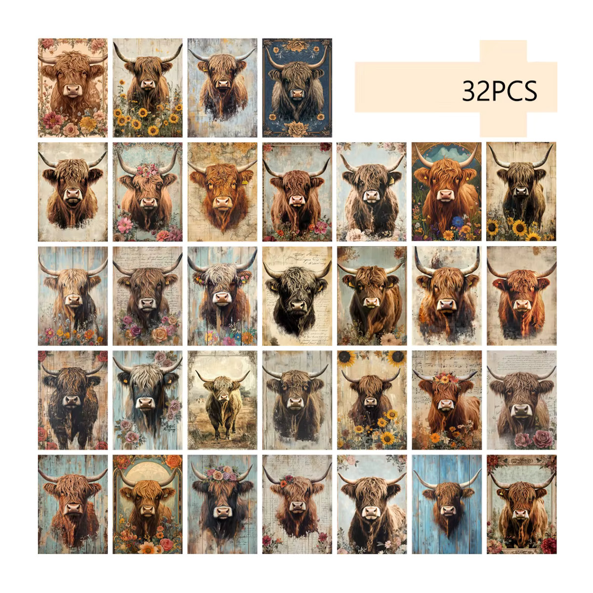32 Stück Vintage-Postkarten Highland Ox mit schottischen Illustrationen in Multicolor - Bild 2