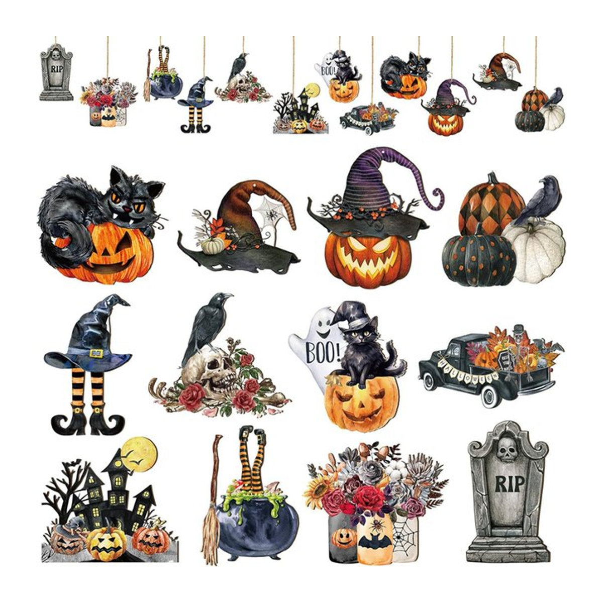 36 Stück ZQNYCY Halloween Holz Anhänger mit Schnur, Mehrfarbige Hängeornamente mit Kürbis, Fledermaus und Geist für DIY Handwerk und Party Dekoration - Bild 1