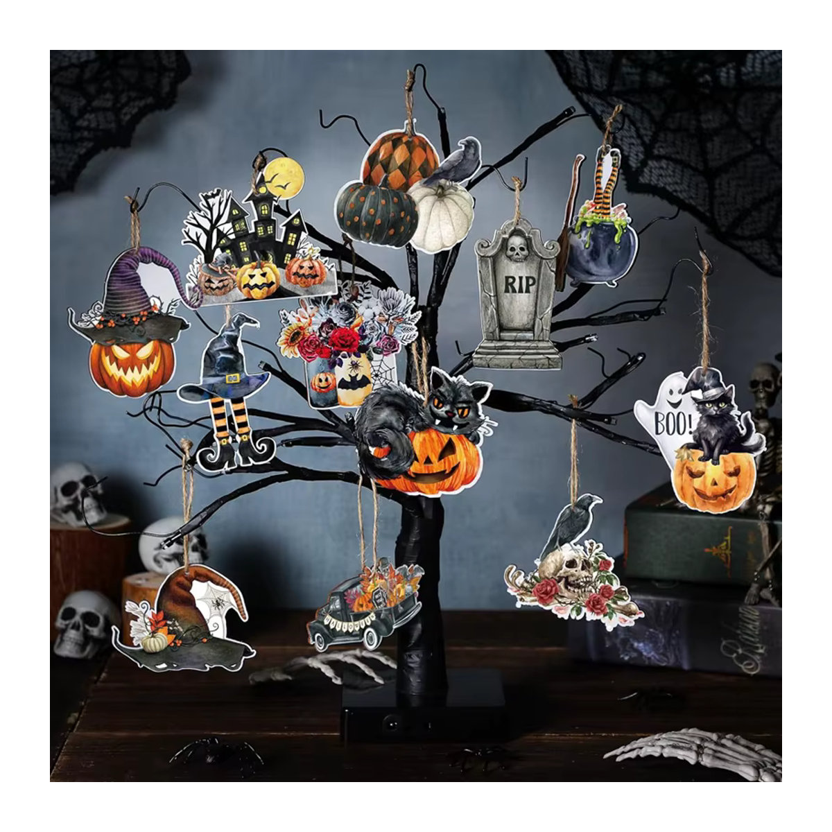 36 Stück ZQNYCY Halloween Holz Anhänger mit Schnur, Mehrfarbige Hängeornamente mit Kürbis, Fledermaus und Geist für DIY Handwerk und Party Dekoration - Bild 2