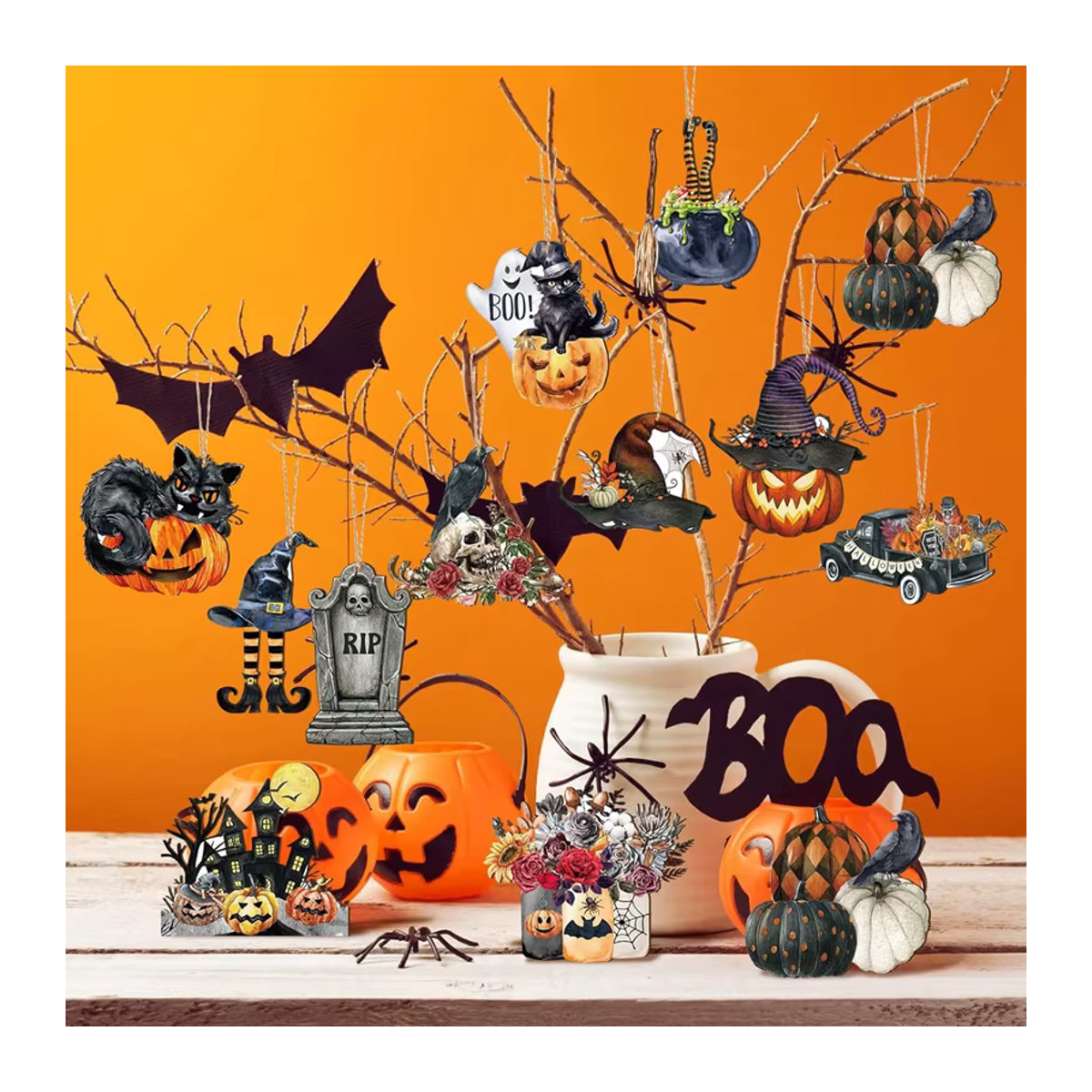 36 Stück ZQNYCY Halloween Holz Anhänger mit Schnur, Mehrfarbige Hängeornamente mit Kürbis, Fledermaus und Geist für DIY Handwerk und Party Dekoration - Bild 4