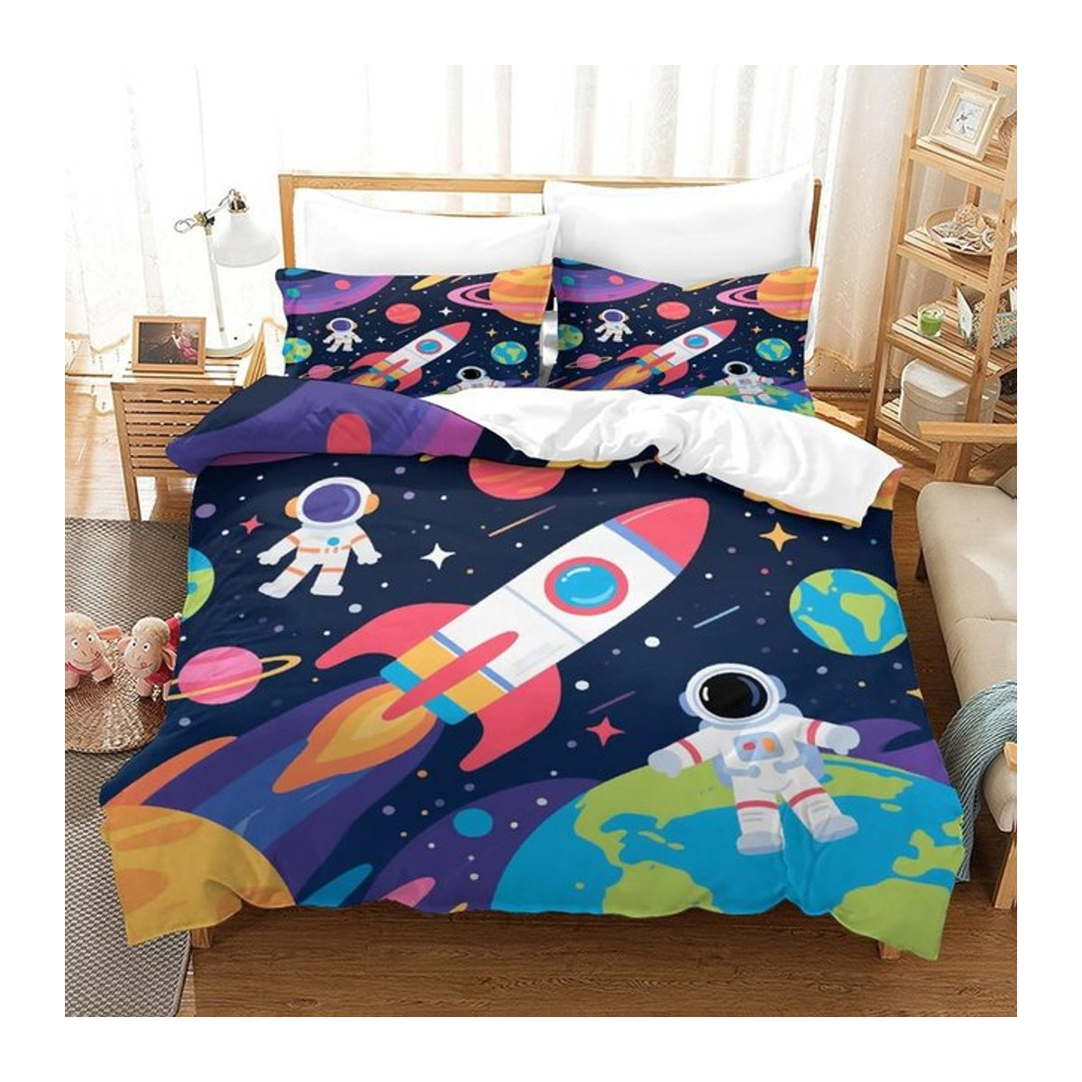 3D Bettwäsche-Set mit Astronauten-Weltraum-Motiv für Kinder, bestehend aus Bettbezug mit Reißverschluss und Kissenbezügen, 70 x 133 cm - Bild 1