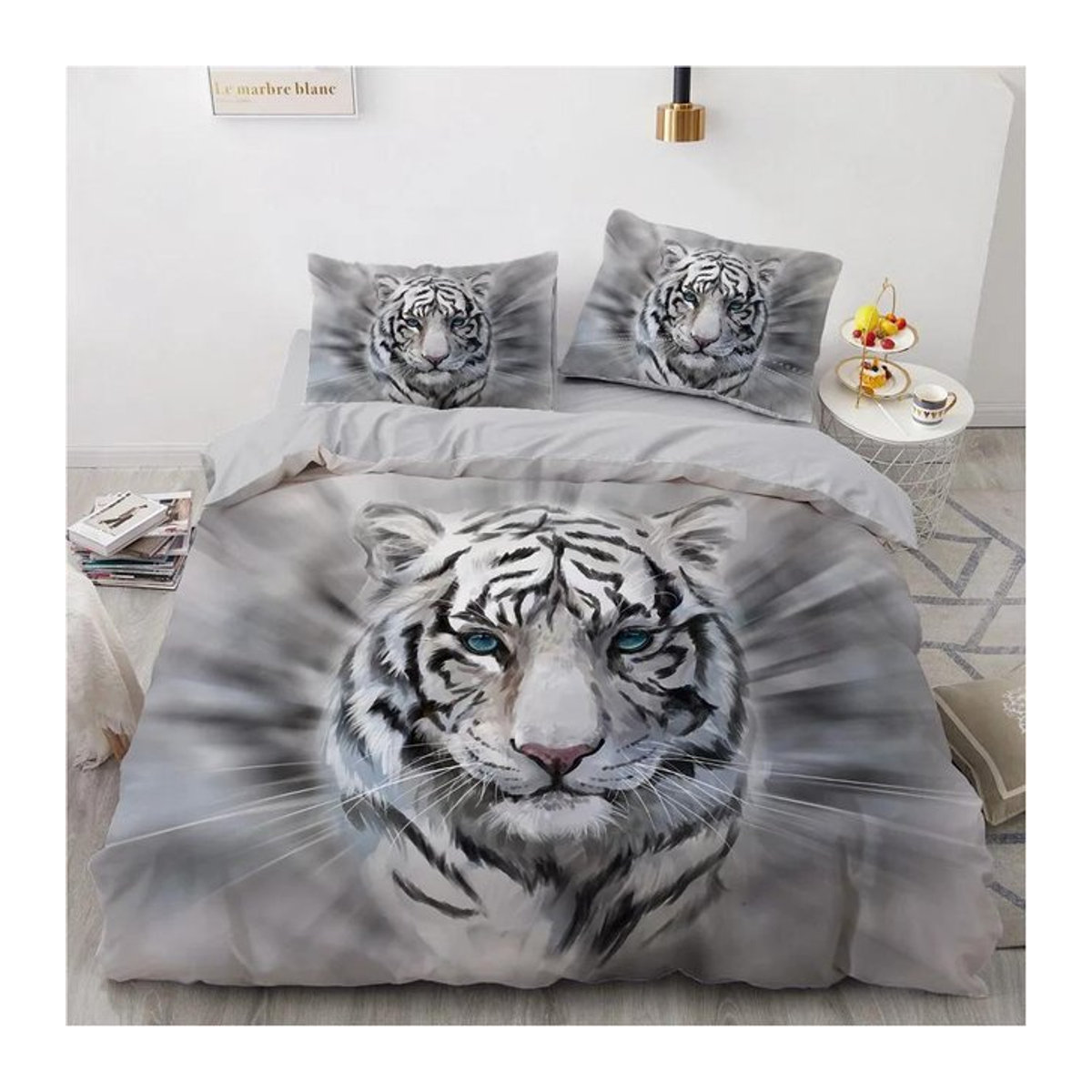 3D-Bettwäscheset Your Warm Home mit Tiger-Aufdruck in Schwarz und Grau, bestehend aus Bettbezug und Kissenbezug aus Polyester mit Reißverschluss, B/H: 70 x 133 cm - Bild 1