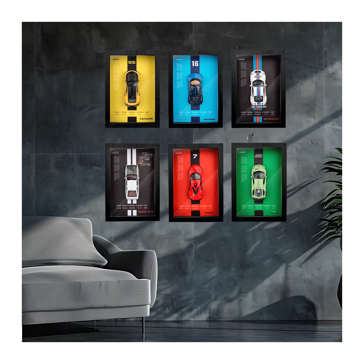 3D-Fotorahmen aus Holz von MAKEDA mit Miniatur-Spielzeugauto aus Metalldruckguss, Wanddekoration im modernen Stil, mehrfarbig, Breite: 30,5 cm - Bild 2