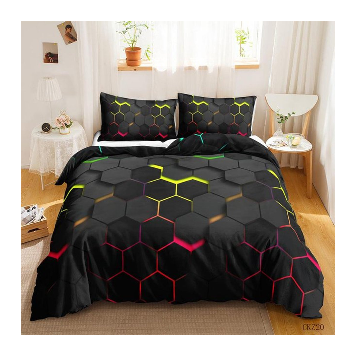 3D Geometrisches Bettwäsche-Set mit Wabenmuster und Sechseck-Design von Your Warm Home in Rosa und Blau, B/H: 135 x 200 cm - Bild 1