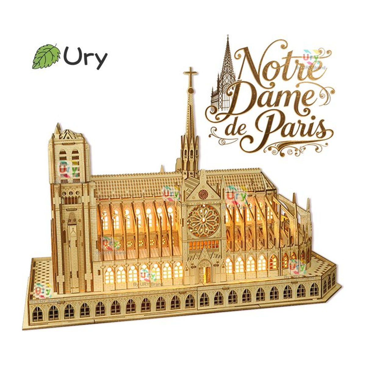 3D Holzpuzzle Notre Dame Kathedrale Paris mit Licht DIY Modellbausatz für Erwachsene in Braun - Bild 1