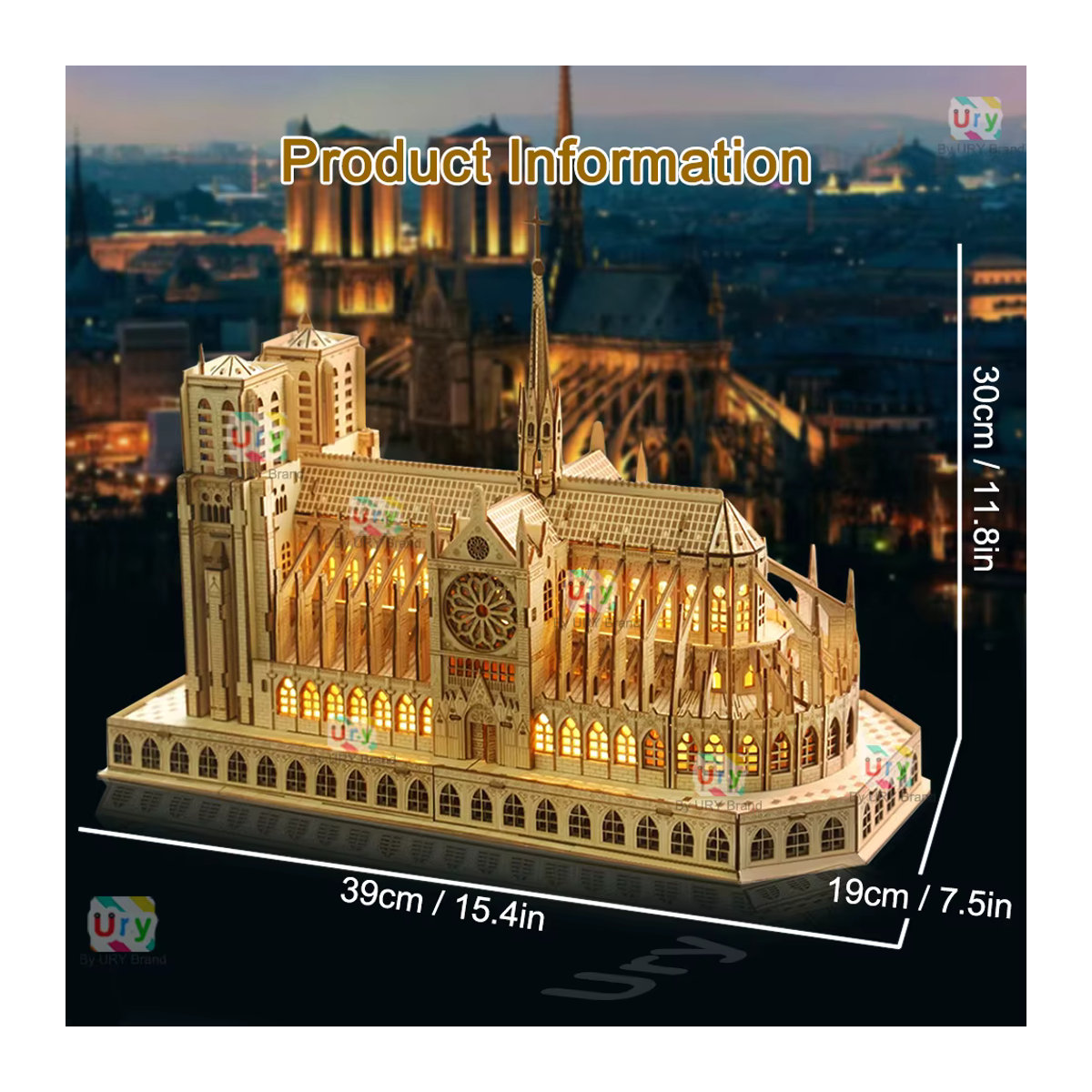 3D Holzpuzzle Notre Dame Kathedrale Paris mit Licht DIY Modellbausatz für Erwachsene in Braun - Bild 2