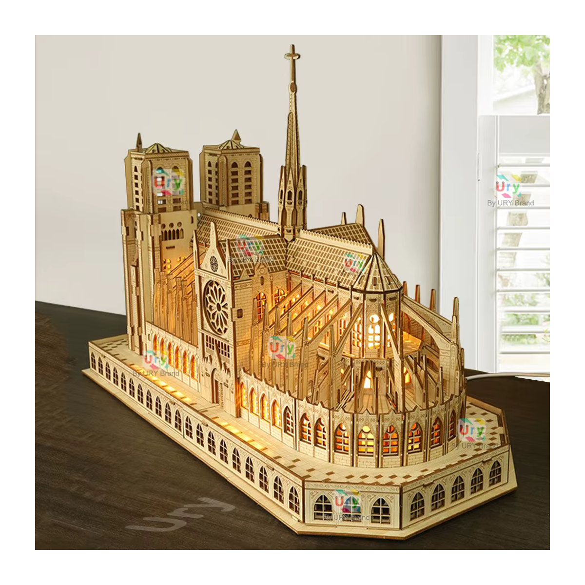 3D Holzpuzzle Notre Dame Kathedrale Paris mit Licht DIY Modellbausatz für Erwachsene in Braun - Bild 3