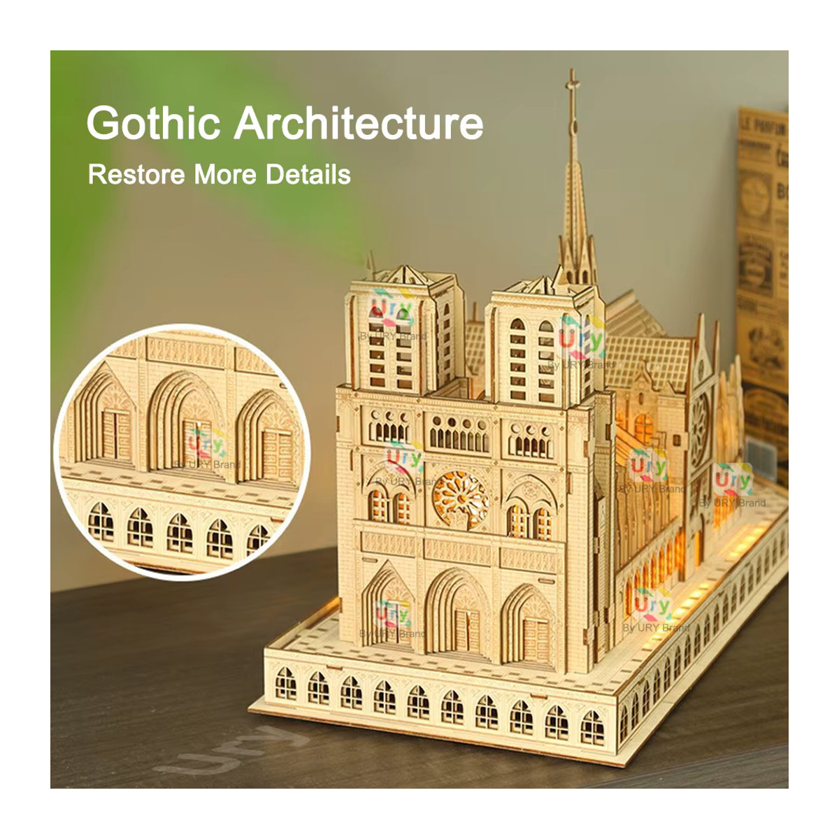 3D Holzpuzzle Notre Dame Kathedrale Paris mit Licht DIY Modellbausatz für Erwachsene in Braun - Bild 4