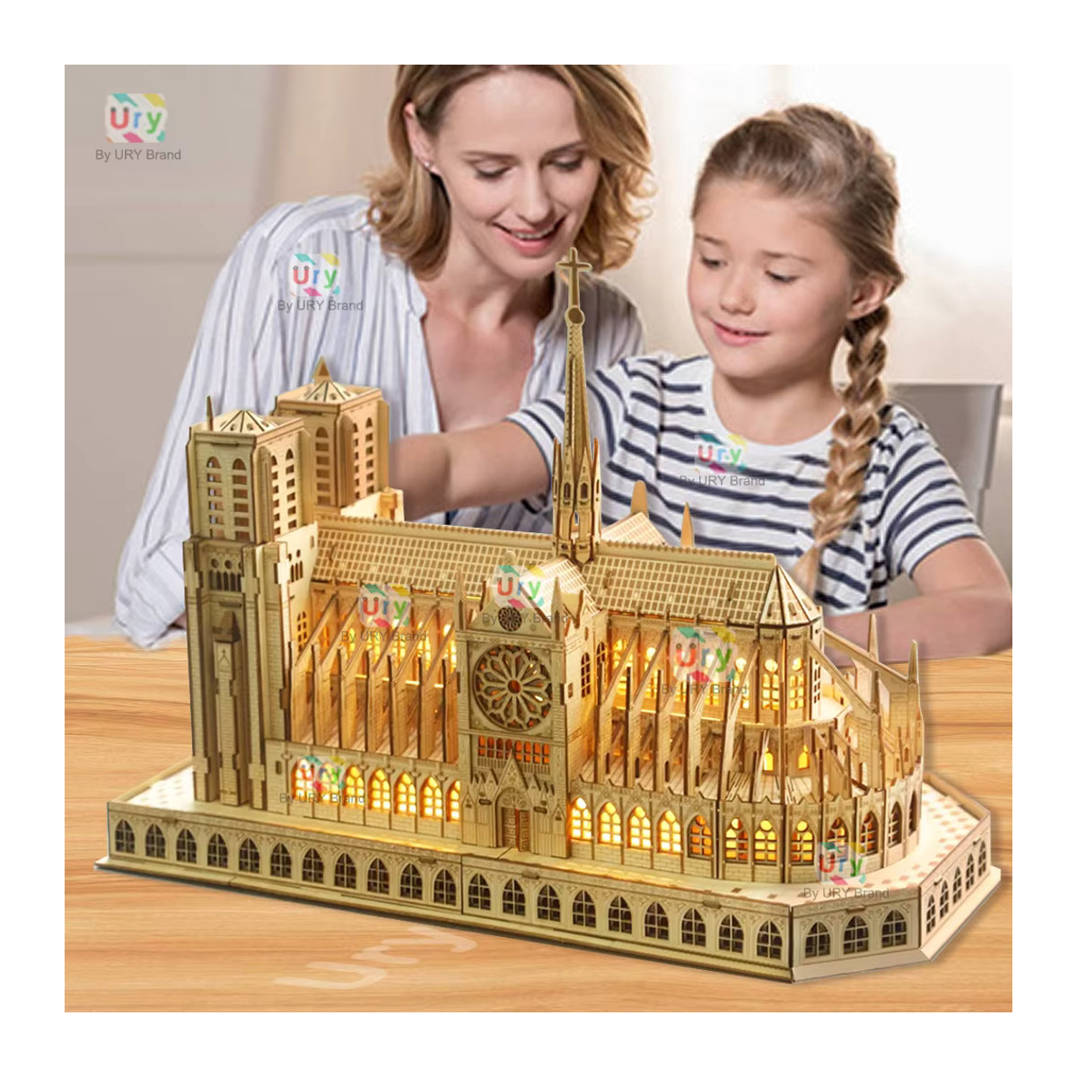 3D Holzpuzzle Notre Dame Kathedrale Paris mit Licht DIY Modellbausatz für Erwachsene in Braun - Bild 6