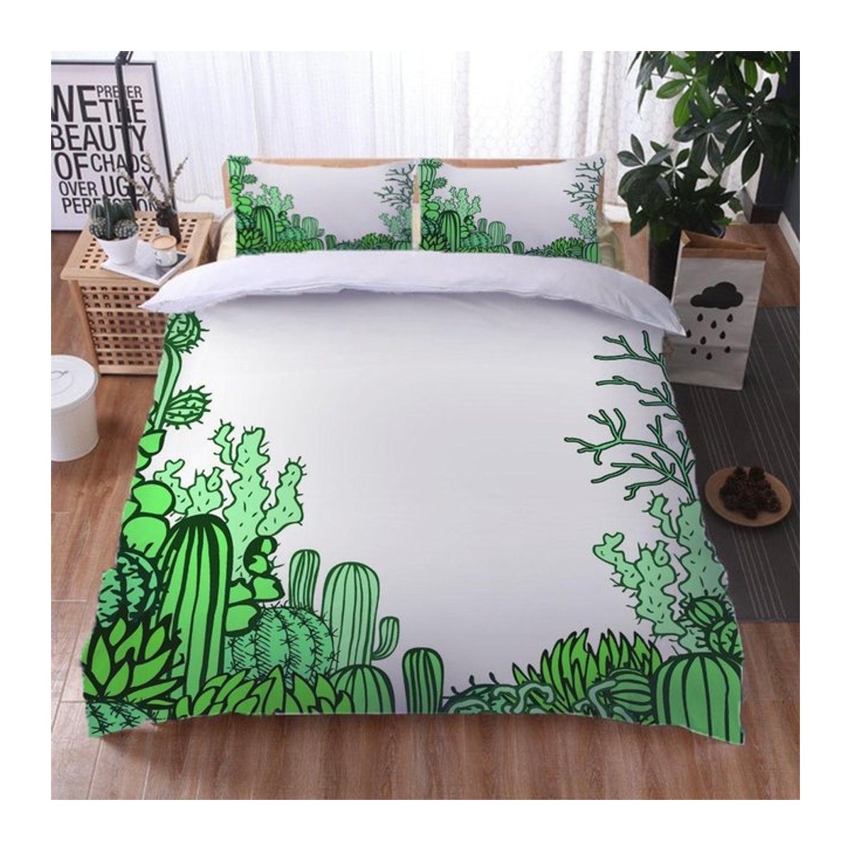 3D Kaktus Bettwäsche Set mit Kissenbezügen und Reißverschluss, Pflanzen Druck Heimtextilien, Breite: 90 cm, Länge: 190 cm - Bild 1
