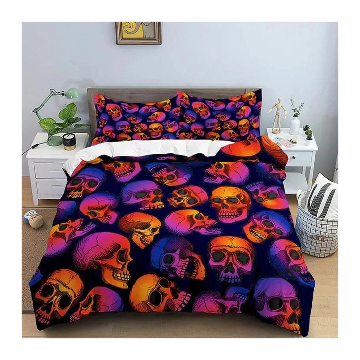 3D Schädel Bettwäsche Set mit Fledermäusen in Multicolor, 3-teiliges Polyester Bettwäsche Set, B/H: 135 x 200 cm - Bild 1