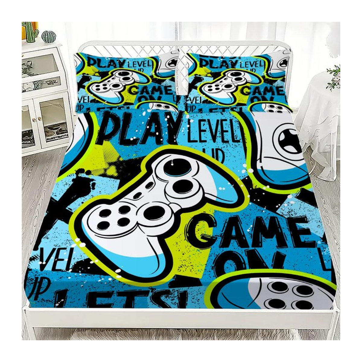 3D Spielcontroller Spannbettlaken-Set aus gewaschener Baumwolle, 3-teilig, Multicolor, B/T/H: 135 x 200 cm - Bild 1