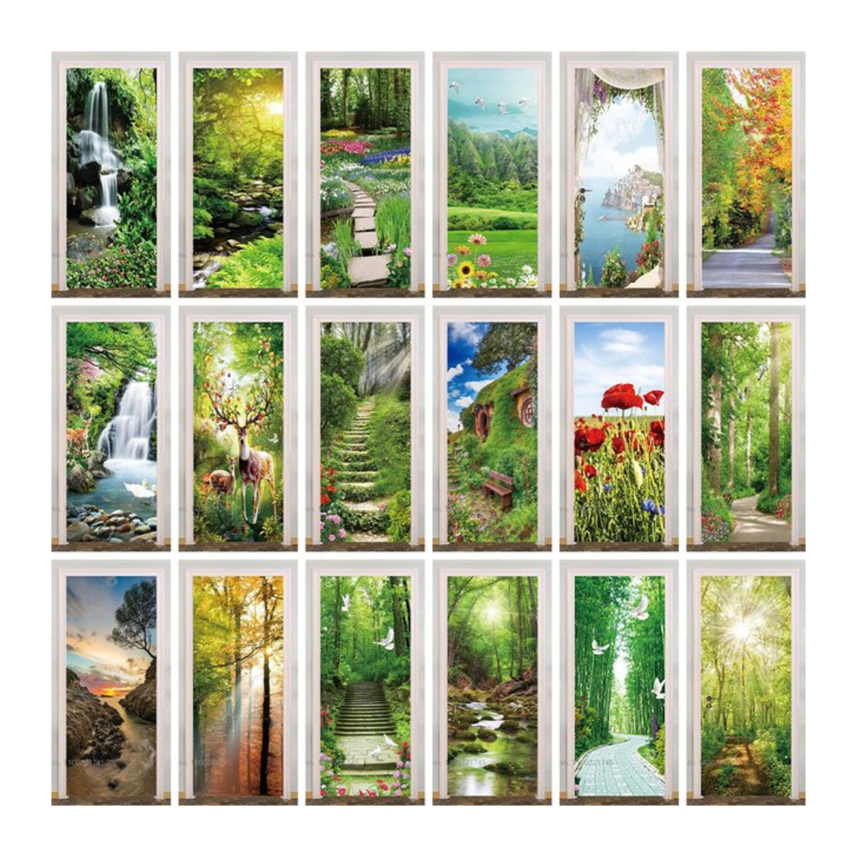 3D Tür Aufkleber Dschungel Wald Landschaft mit Taube und floralem Design, mehrfarbig, rechteckig - Bild 1