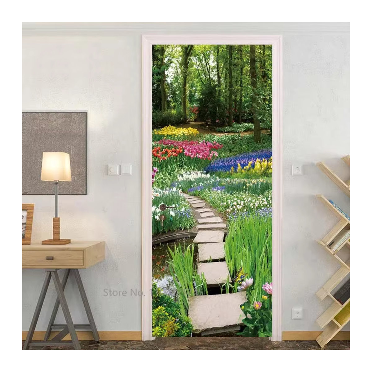 3D Tür Aufkleber Dschungel Wald Landschaft mit Taube und floralem Design, mehrfarbig, rechteckig - Bild 2