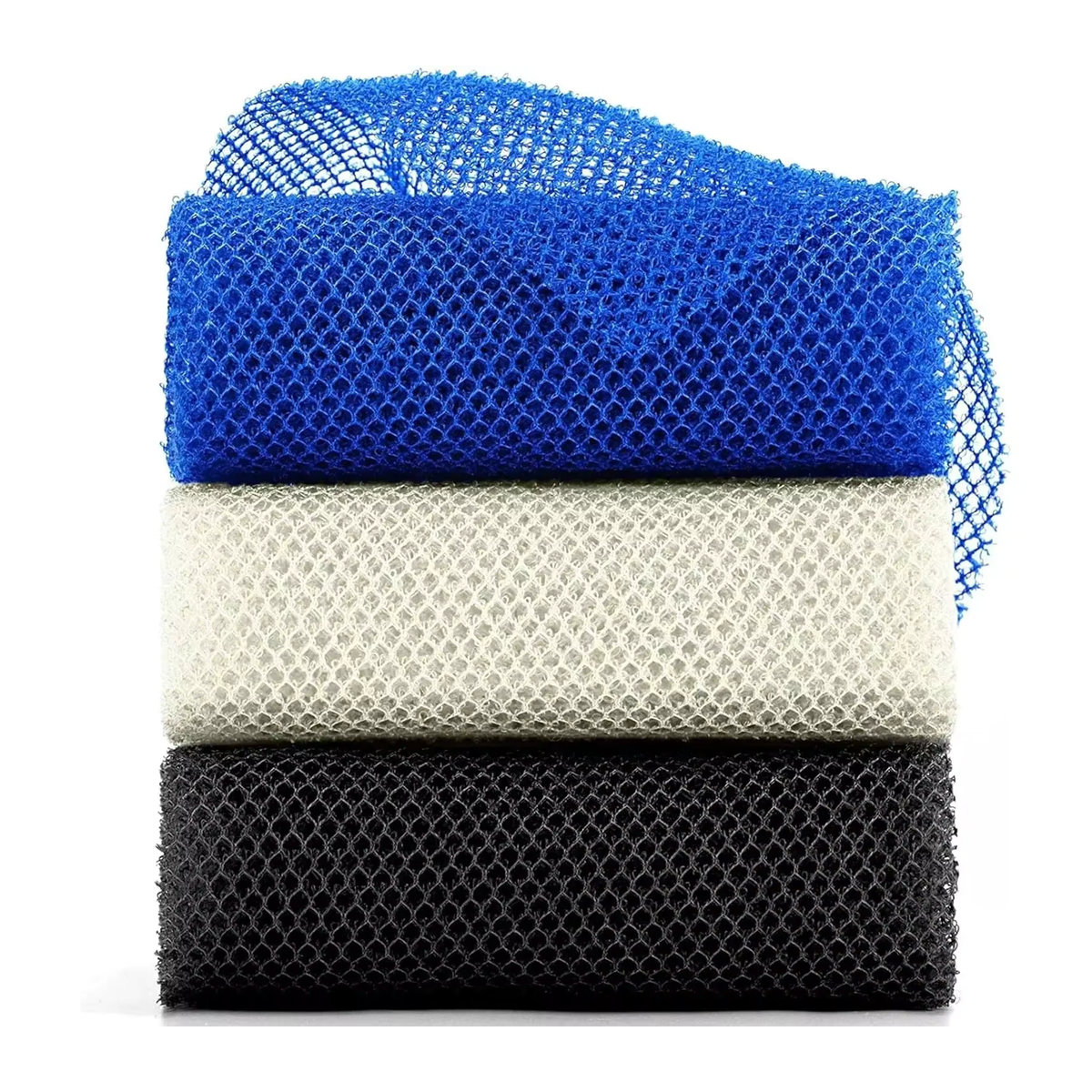 3er-Set Afrikanische Peeling-Netze aus Nylon zur Körperreinigung und Massage in Schwarz, Blau und Beige - Bild 3