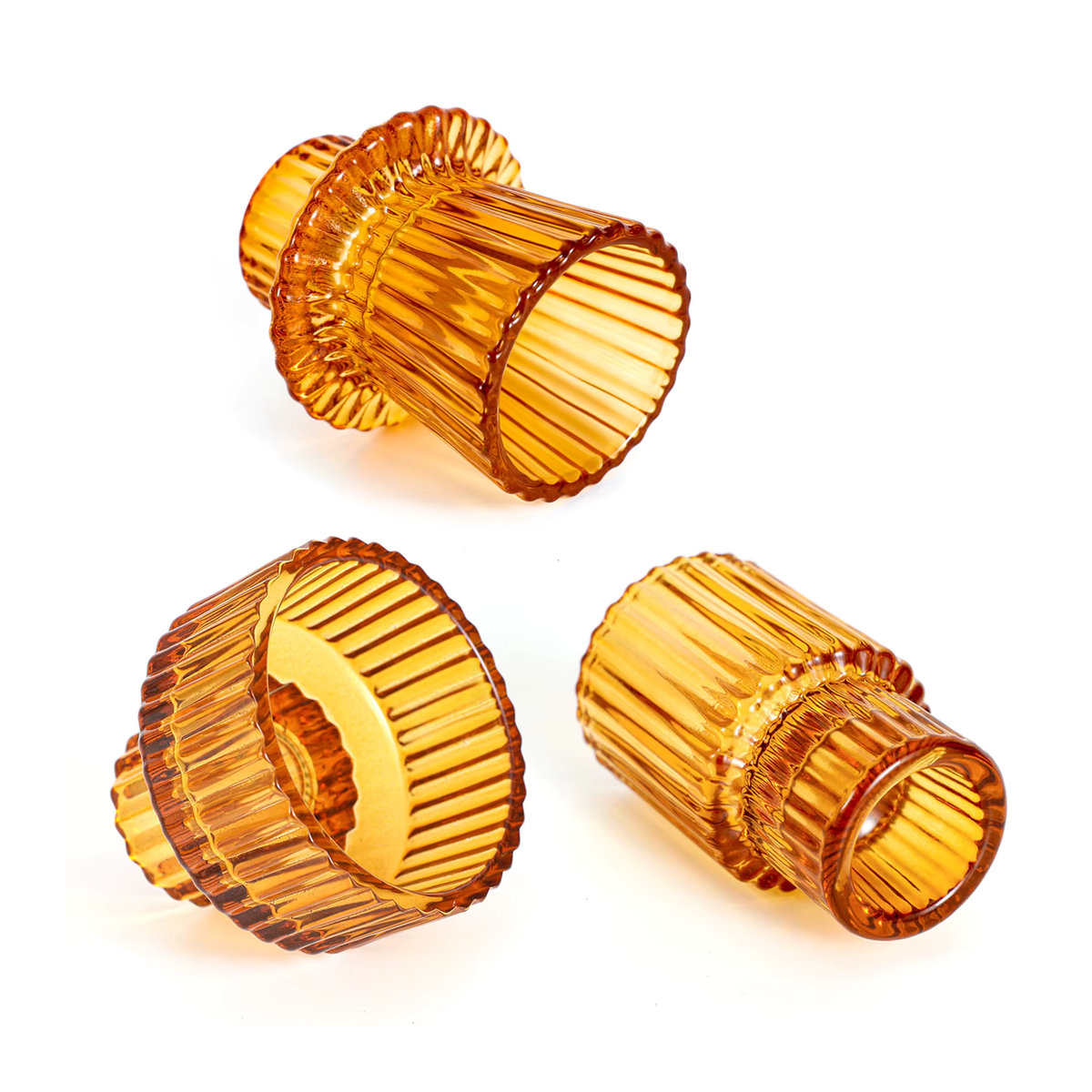 3er-Set Glas Kerzenhalter mit vertikalem Muster in Amber für deine romantische Tischdekoration - Bild 2
