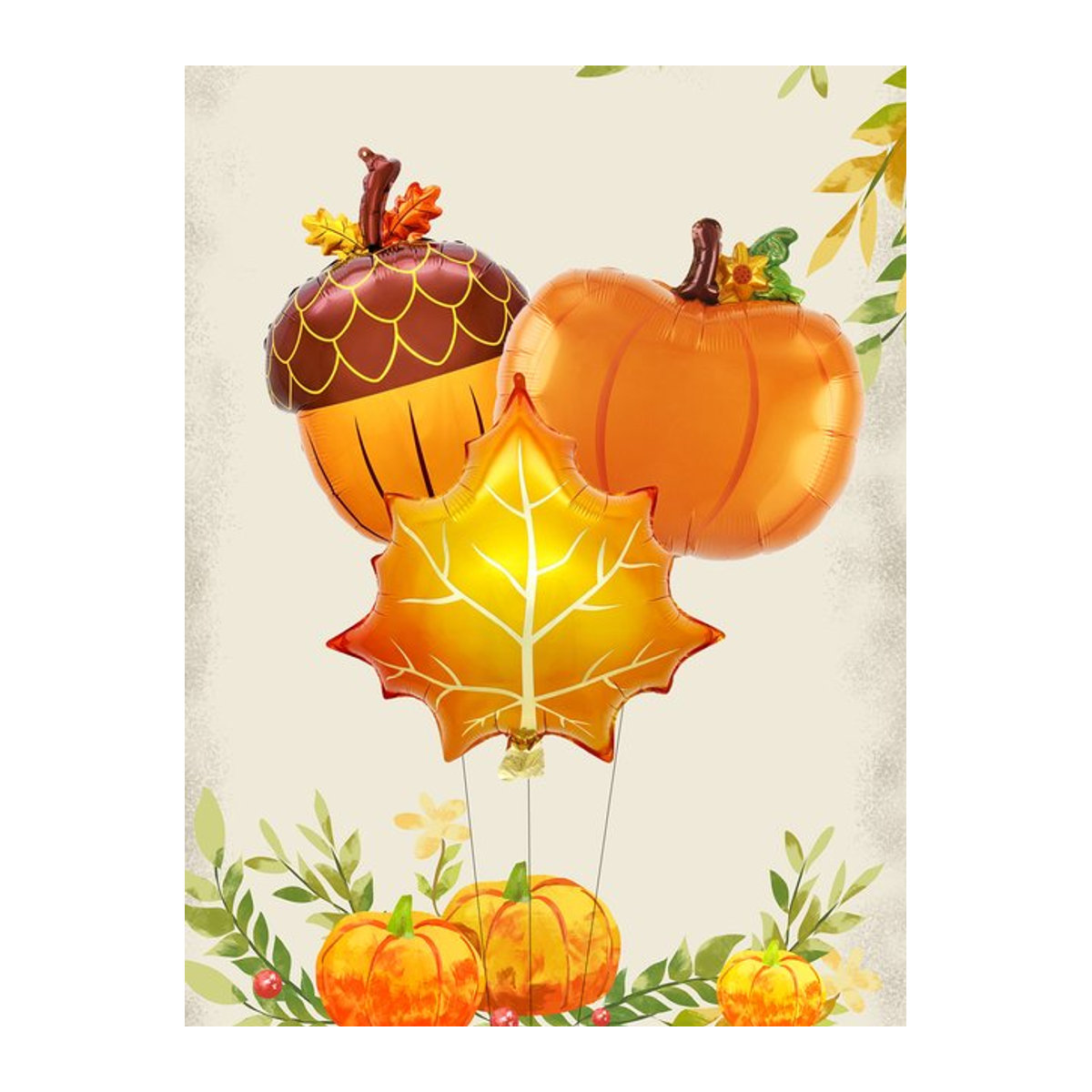 3er-Set Herbst Luftballons aus Folie mit Ahornblättern, Tannenzapfen und Kürbissen in Orange und Braun für Thanksgiving und Erntefest Dekorationen von EACH PARTY - Bild 1