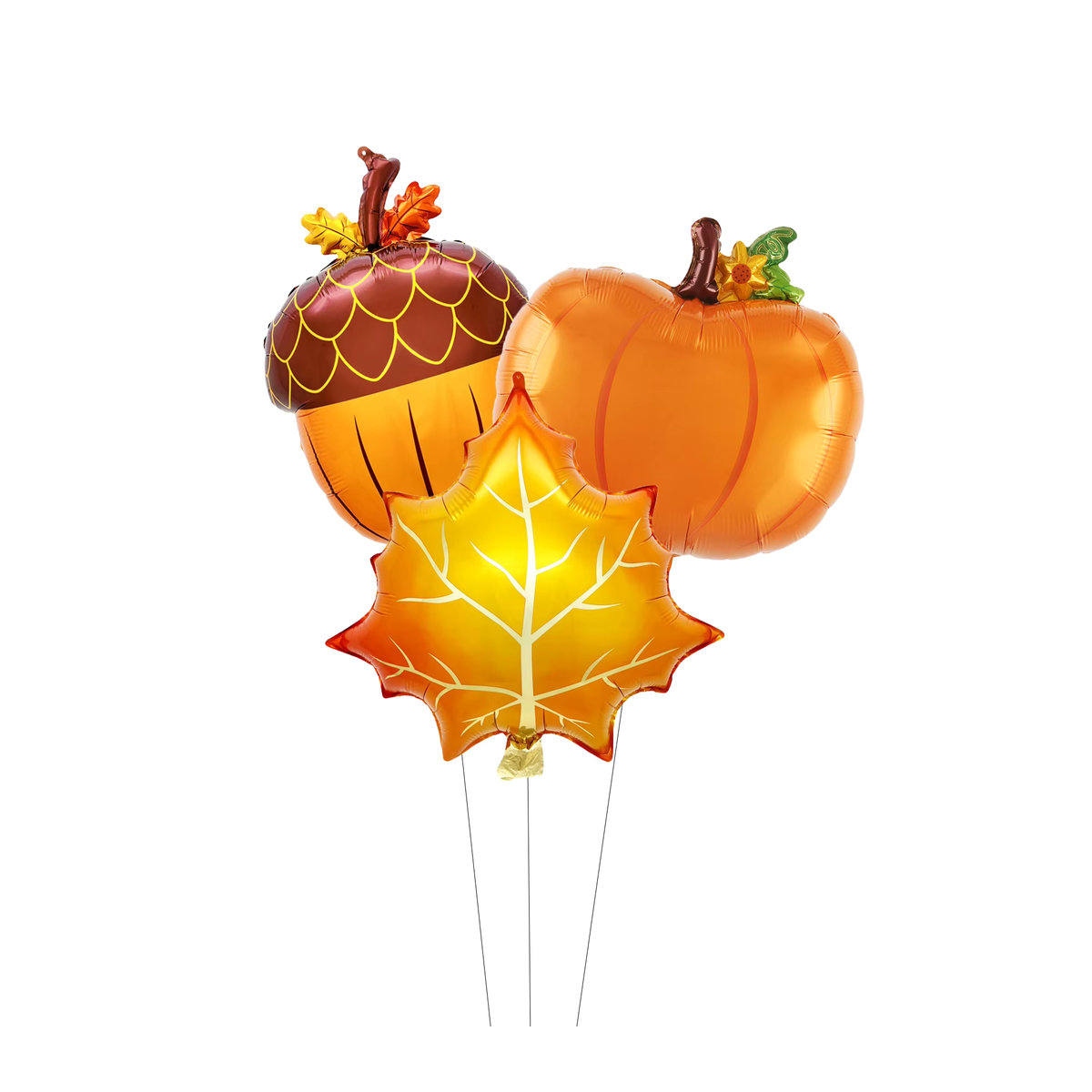 3er-Set Herbst Luftballons aus Folie mit Ahornblättern, Tannenzapfen und Kürbissen in Orange und Braun für Thanksgiving und Erntefest Dekorationen von EACH PARTY - Bild 2
