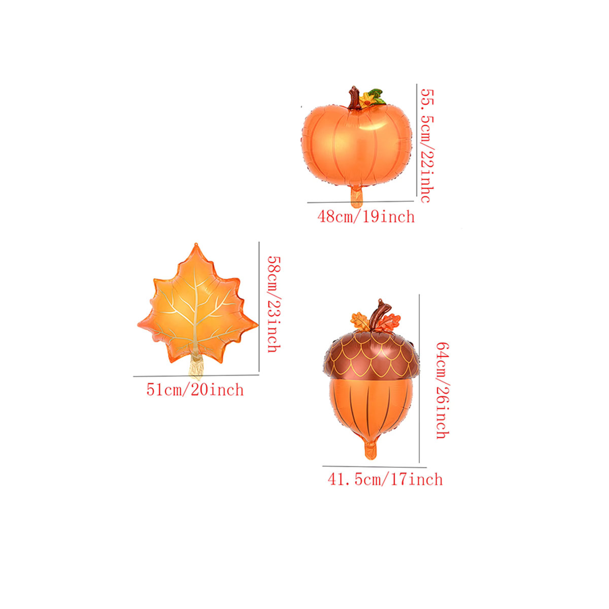 3er-Set Herbst Luftballons aus Folie mit Ahornblättern, Tannenzapfen und Kürbissen in Orange und Braun für Thanksgiving und Erntefest Dekorationen von EACH PARTY - Bild 3