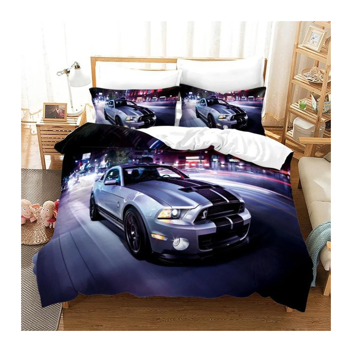 3er Set Luxus Auto Bettwäsche aus atmungsaktivem Leinen für Kinder, einseitig bedruckt, B/H: 70 x 133 cm - Bild 1