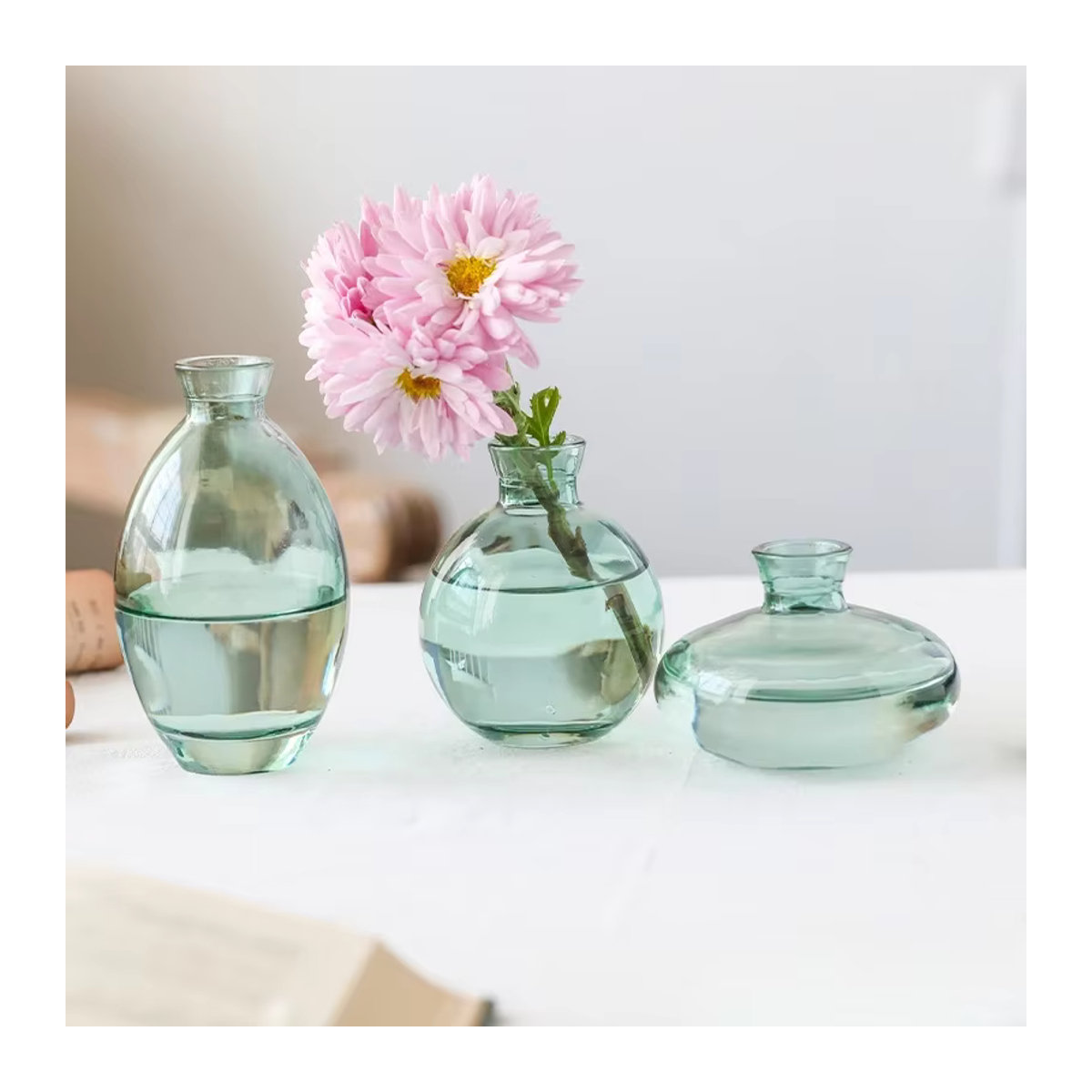 3er Set minimalistische Glasvasen in Transparent für geometrische Desktop-Dekoration und Blumen - Bild 2
